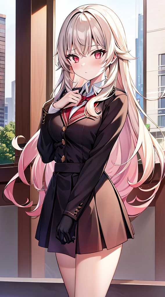 eirudy_\(springwitch3\), masterpiece,1girl,red ruby eyes, school uniform, city, absurdres, high res, ultrasharp, 8K, masterpiece, looking at viewer