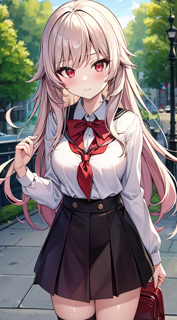 1girl, natsu,pink hair, halo, ahoge,side ponytail, long hair,ahoge,hair ornament,
long hair,long sleeves,sailor collar,school uniform,serafuku,skirt,thighhighs,black thighhighs,red neckerchief,from above,very huge breast,looking at her breast surprisingly,surprising,showing off her breast