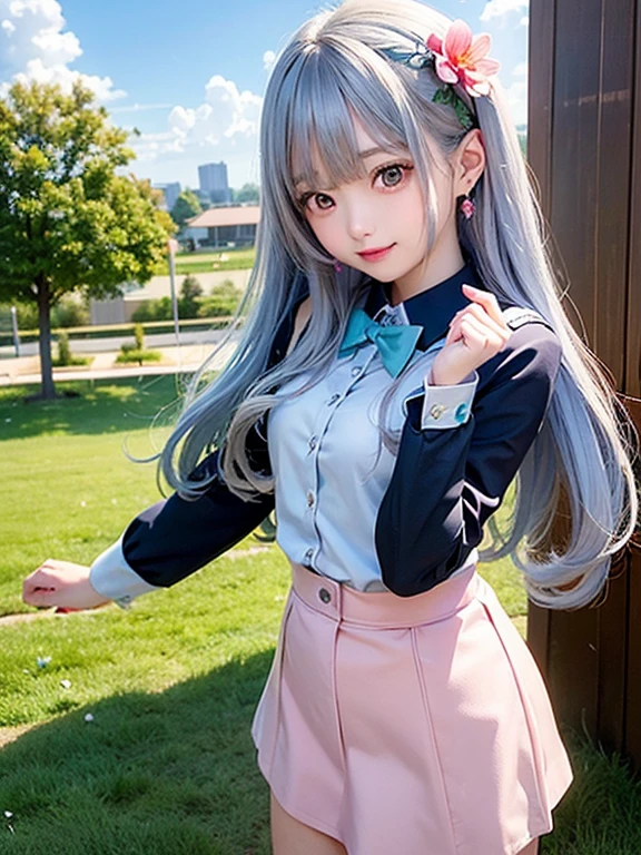 Small breasts、(high quality, masterpiece), One Girl, 、stop temporarily, particle, Wind, flower,, Simple Background, View your audience, ,smile、Turquoise Eyes、(Long silver and light blue hair、The ends of the hair are curled)、Red eyeshadow、薄いpinkの口紅、flower柄、pink、、(Brown、flower柄、sexy、uniform)、、Cute earrings、Wind、blue sky、Dynamic pose、Looking up at the sky、Thick thighs、Big Ass、smile、Embarrassing、office