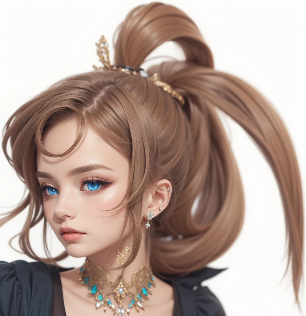 jewelry, blue eyes, brown hair, ponytail, masterpiece, high quality, black dress, blue smokey eye