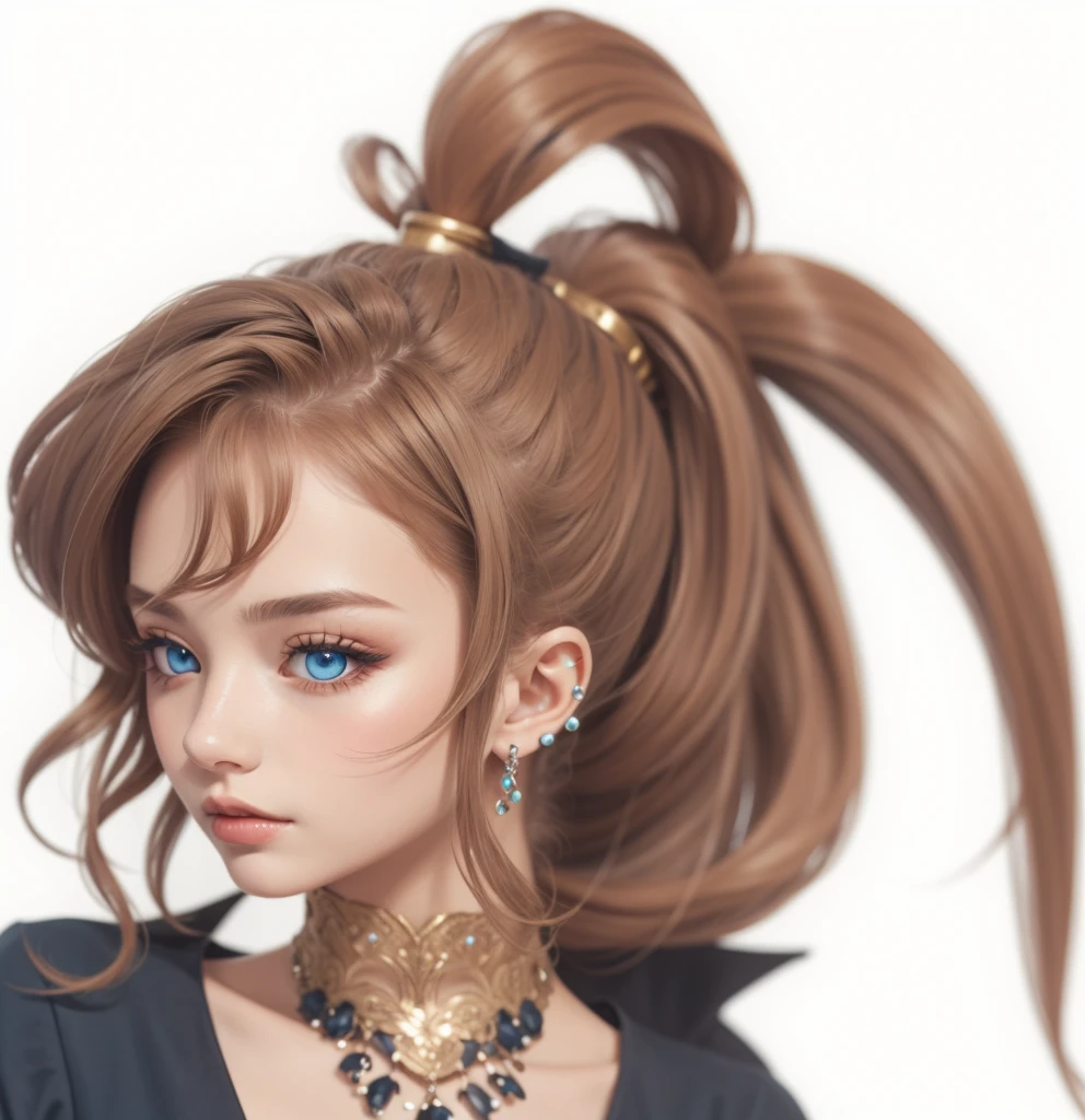 jewelry, blue eyes, brown hair, ponytail, masterpiece, high quality, black dress, blue smokey eye