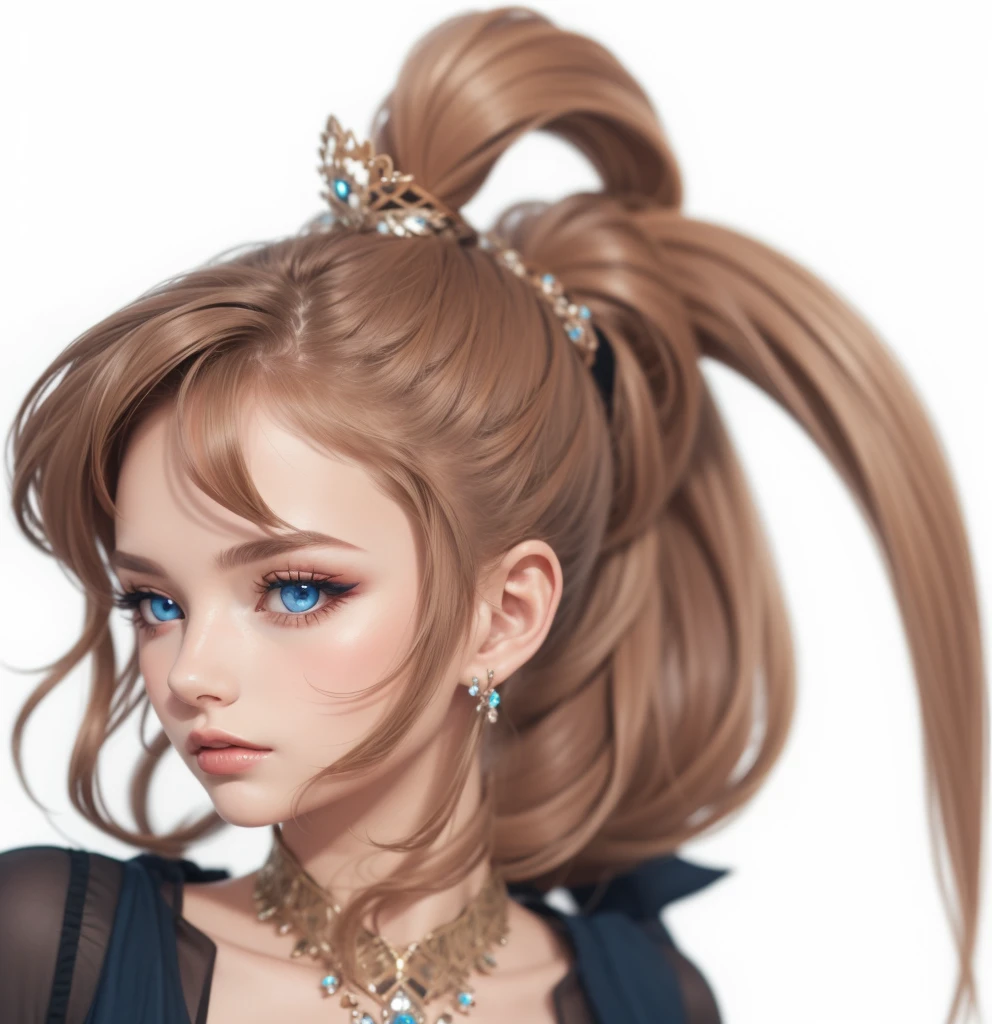 jewelry, blue eyes, brown hair, ponytail, masterpiece, high quality, black dress, blue smokey eye