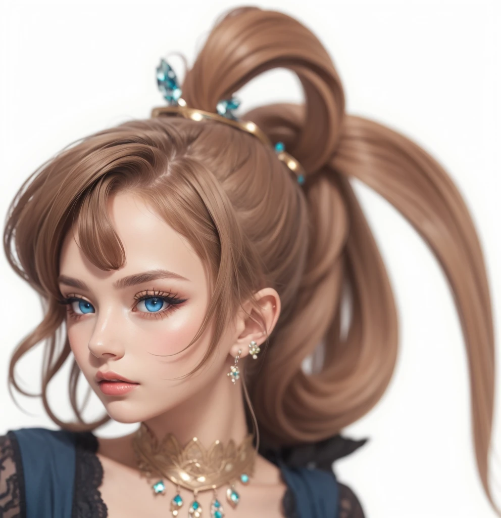 jewelry, blue eyes, brown hair, ponytail, masterpiece, high quality, black dress, blue smokey eye