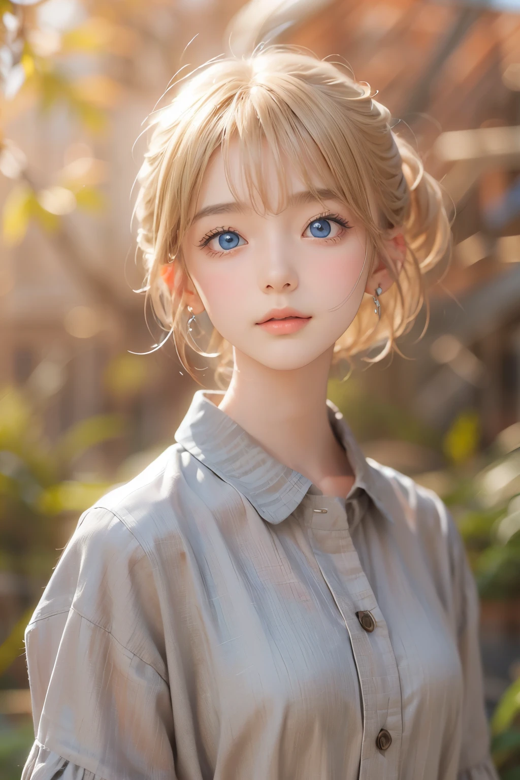 ((sfw: 1.4)), ((detailed face, professional photography)), ((sfw, extra short hair, sidelocks-hair, blond hair, Large, clear sky-blue eyes, earrings, 1 Girl)), Ultra High Resolution, (Realistic: 1.4), RAW Photo, Best Quality, (Photorealistic Stick), Focus, Soft Light, ((15 years old)), (( (young face))), (surface), (depth of field), masterpiece, (realistic), woman, bangs, ((1 girl))