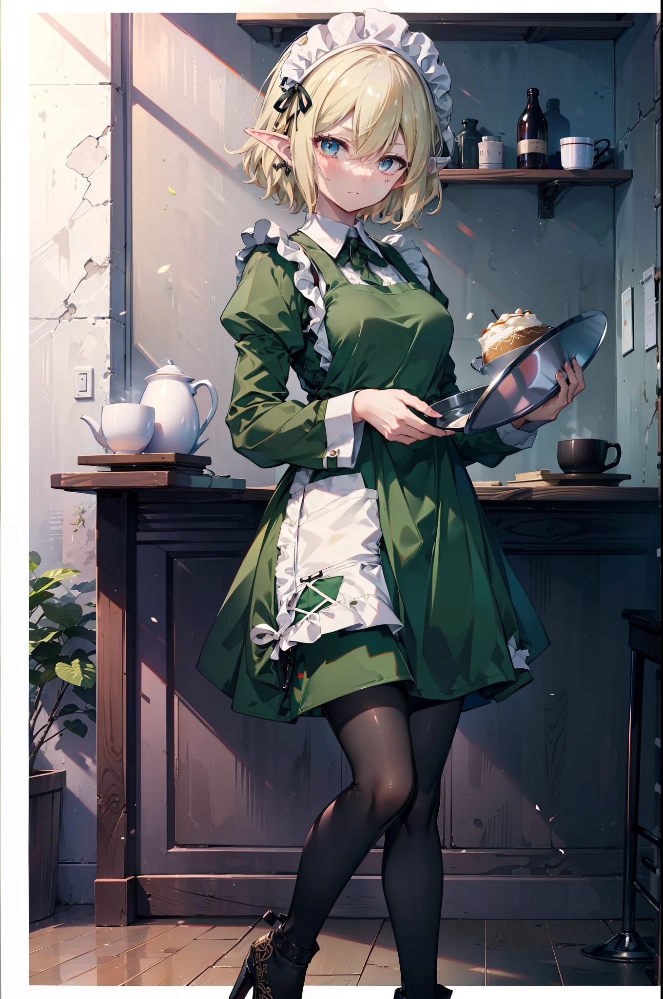 Ryurion, Ryu Lion, Blonde Hair, blue eyes, Fairy, Hair between the eyes, Pointed Ears, short hair, (Small breasts:1.2),
Break apron, black pantyhose, dress, green dress, Long sleeve, Maid, Maid apron, Maid headdress, pantyhose, White apron,tray, tray in one hand,Stiletto heels,
壊す looking at viewer,whole body,
Break indoors, Destroy the coffee shop (masterpiece:1.2), highest quality, High resolution, unity 8k wallpaper, (figure:0.8), (Beautiful fine details:1.6), Highly detailed face, Perfect lighting, Highly detailed CG, (Perfect hands, Perfect Anatomy),