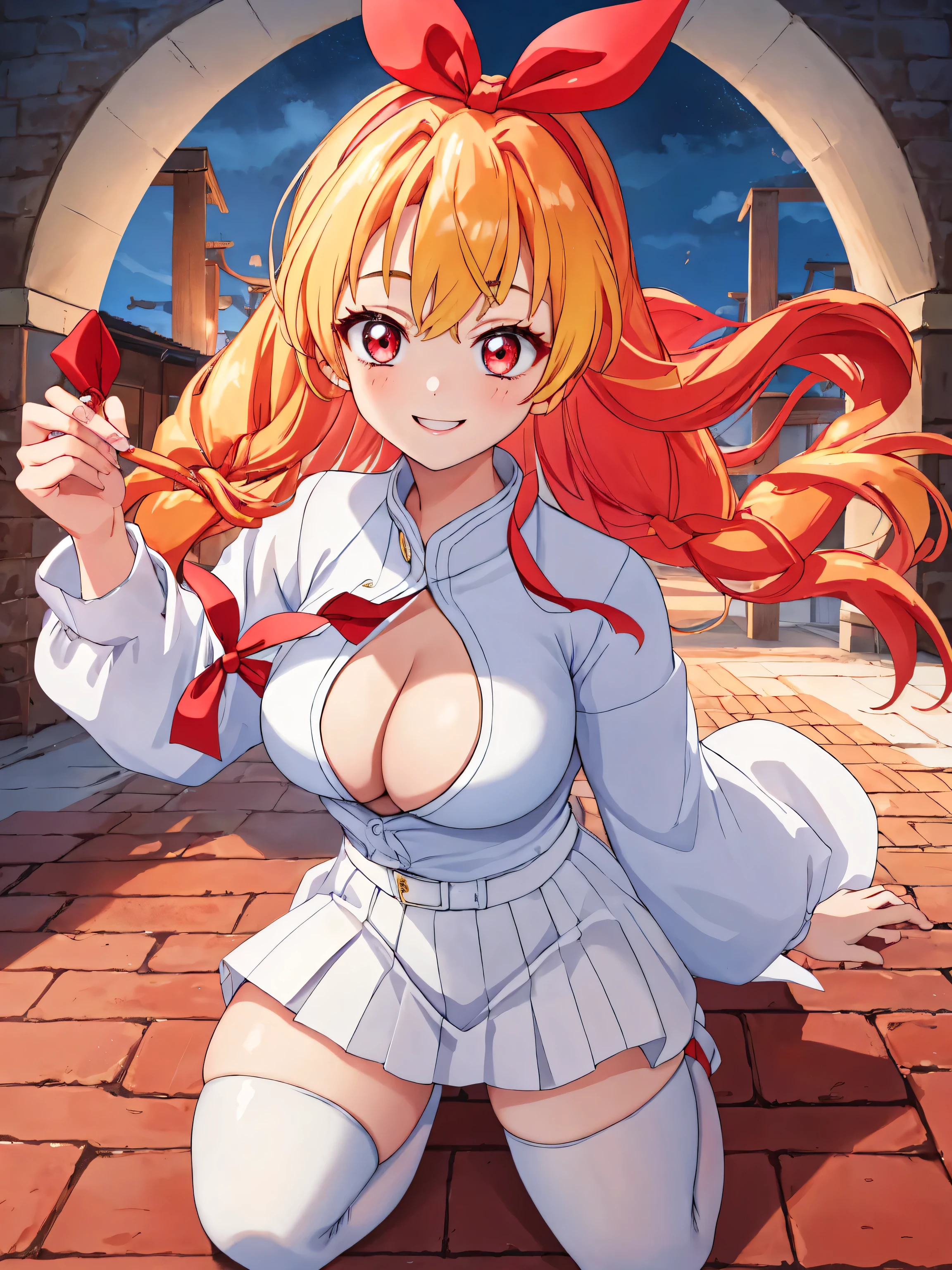 RED_Ribbon_on_HAIR_band,(nsfw:0.7),Masseter muscle part, highest quality, Super high resolution, highest quality, anime style, best lighting, beautiful face, masterpiece, 8K, High level image quality, High pixel count, 1 woman, 1 girl,solo, Blonde and red gradient hair, red eyes, A big smile, Full body Esbian, (Face-centric:1.1), facing the front, wearing a uniform, village background, countryside village, upper body, (White haori:1.2), (Medium breasts:1.1), WHITE tights, Chest opens:1.4,cleavage,cleavage cutout,hosimiya ichigo
