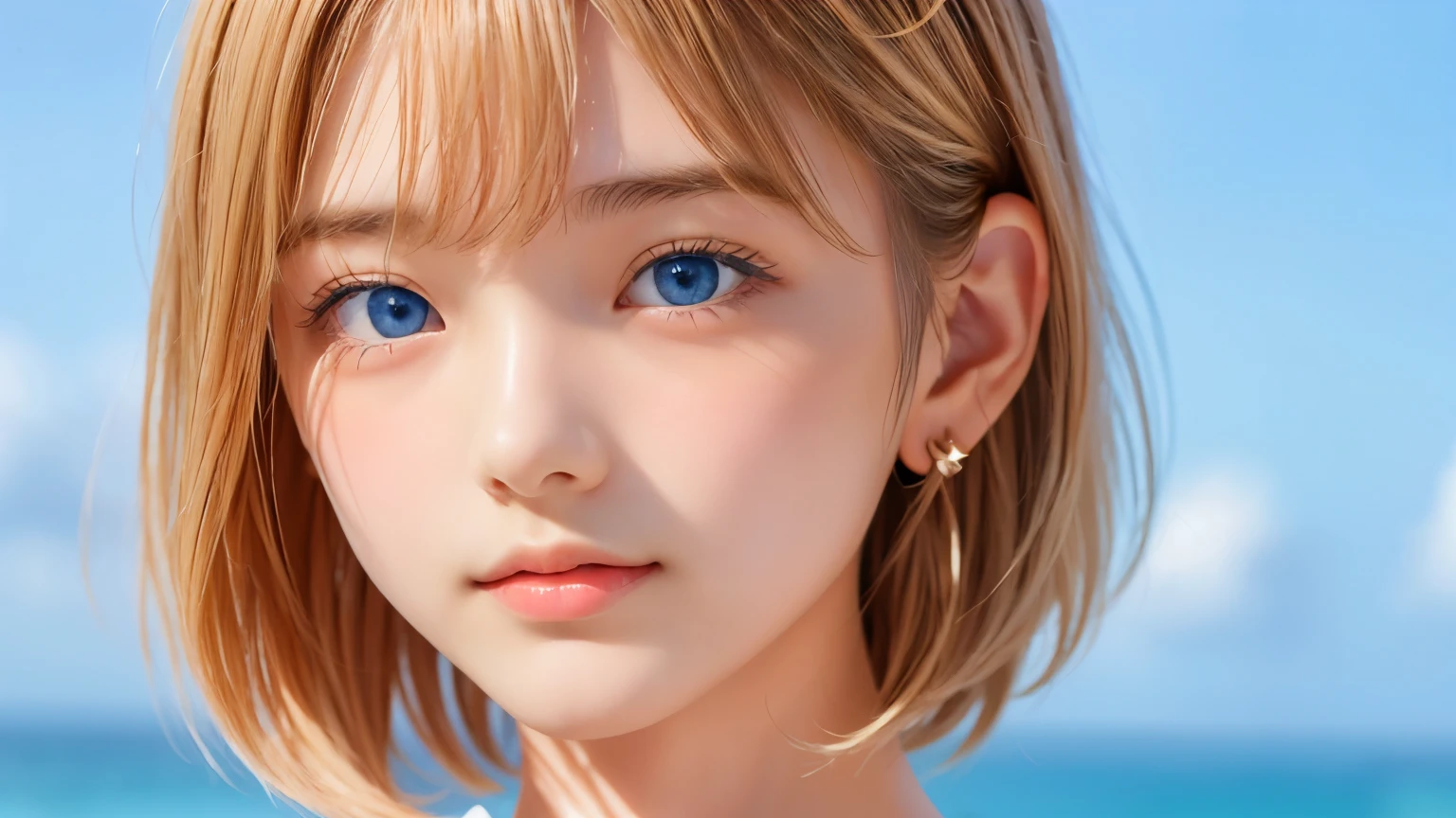 ((sfw: 1.4)), ((detailed face, professional photography)), ((sfw, extra short hair, sidelocks-hair, ( blond hair), Large, clear sky-blue eyes, earrings, 1 Girl)), Ultra High Resolution, (Realistic: 1.4), RAW Photo, Best Quality, (Photorealistic Stick), Focus, Soft Light, ((15 years old)), (( (young face))), (surface), (depth of field), masterpiece, (realistic), woman, bangs, ((1 girl))