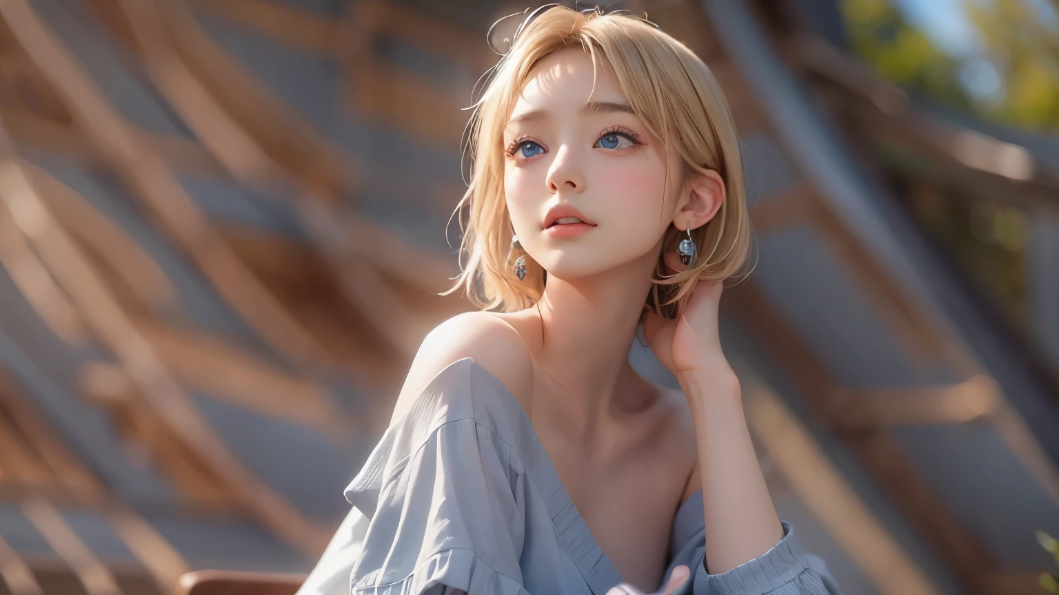 ((sfw: 1.4)), ((detailed face, professional photography)), ((sfw, extra short hair, sidelocks-hair, blond hair, Large, clear sky-blue eyes, earrings, 1 Girl)), Ultra High Resolution, (Realistic: 1.4), RAW Photo, Best Quality, (Photorealistic Stick), Focus, Soft Light, ((15 years old)), (( (young face))), (surface), (depth of field), masterpiece, (realistic), woman, bangs, ((1 girl))