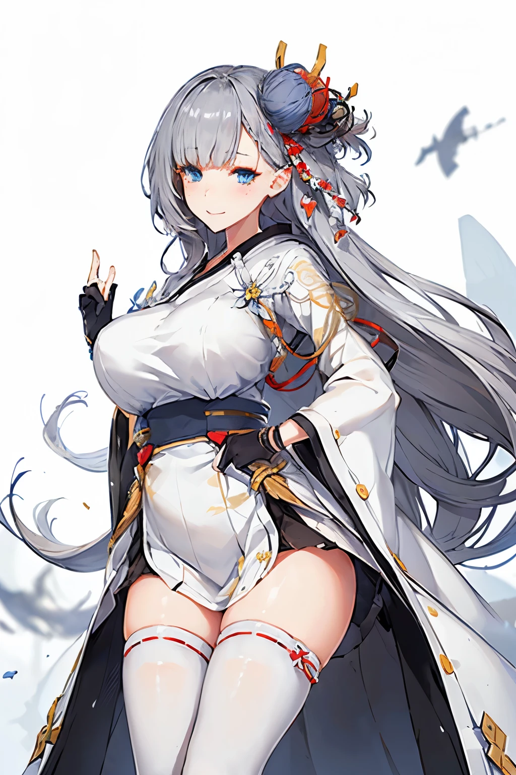 (paysage Azur Lane), (Detailed eyes and face:1.3), (Very elegant and beautiful:1.1), (Perfect detail:1.1), (Sexy pose、From the knee up、Large Breasts), ((Top of the character)), Shoukaku, Azur Lane, Gray Hair, Long Hair, Ons Side Hair Ornament, blue eyes, kimono, heart, ability,Fingerless gloves