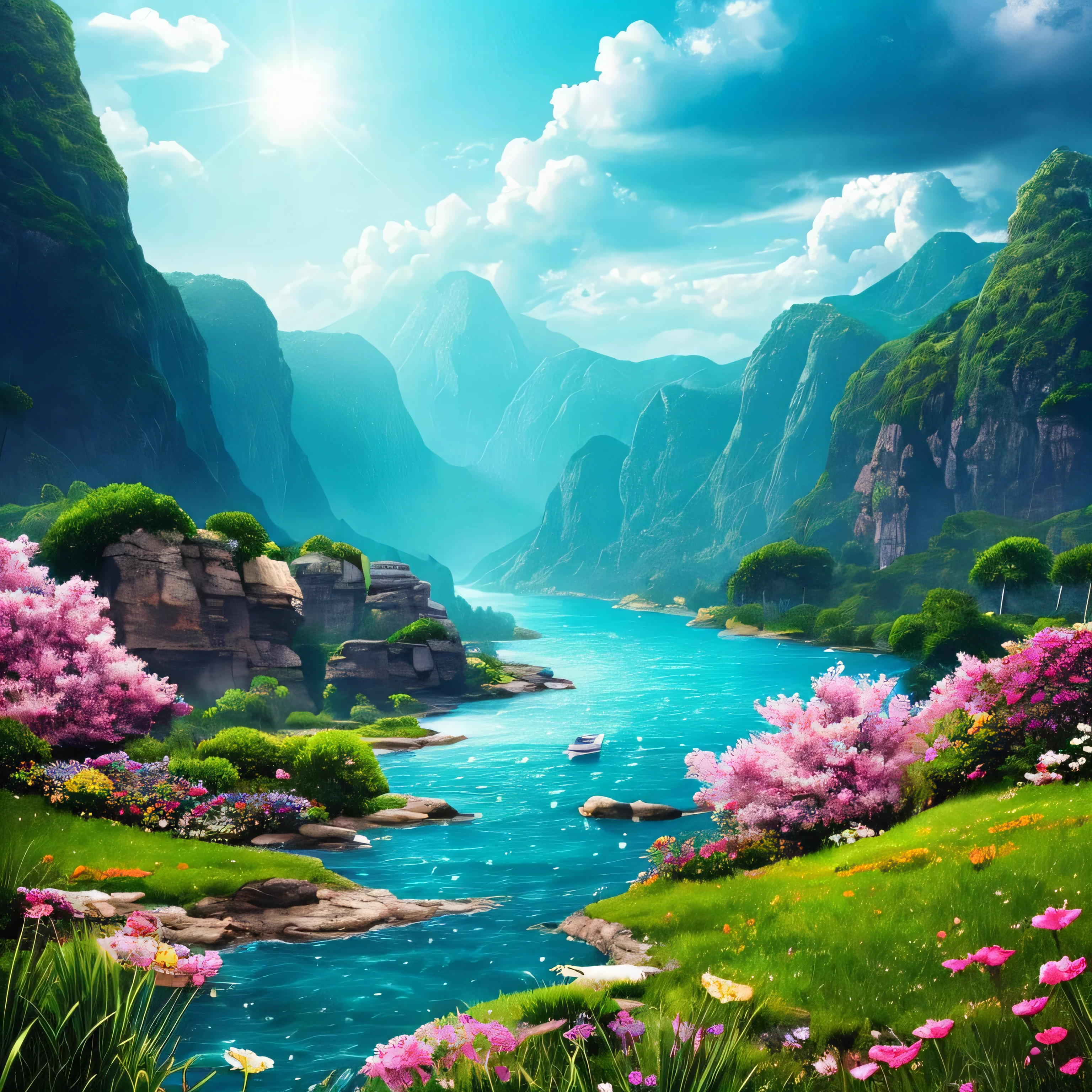 masterpiece, 最high quality, high quality, Very detailed CG unity 8k wallpaper, Vibrant colors、Colorful flowers、rain、rain、rain、an extremely colorful and pure fantasy environment, bright green grass landscape, colorful trees々々々, Shining Fruit, Bright blue flowers. The color of the river is deep blue, The air is filled with sweet exotic scents. The environment is dreamy, Award-winning photography, Bokeh, Written boundary depth, High resolution, bloom, chromatic aberration ,Realistic,Very detailed, Talked about at the art station, CGsociety Trend, Complex, Attention to detail, dramatic, art:The middle of a journey