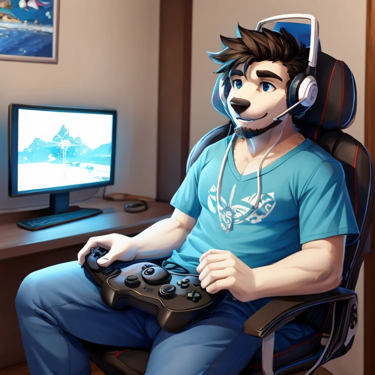 Gamer with white video game controller and white headset, um macaco com uma blusa de fio azul escrita ArthX_08