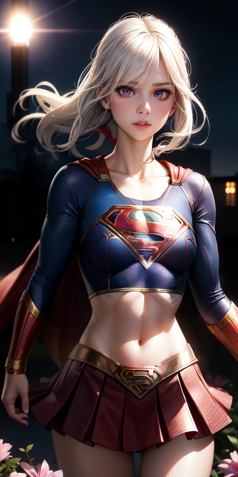 realistic, 1girl (Supergirl), white hair, purple eyes, glowing eyes, crop top, skirt, parted lips, blush, night, flowers, sun, sunlight,