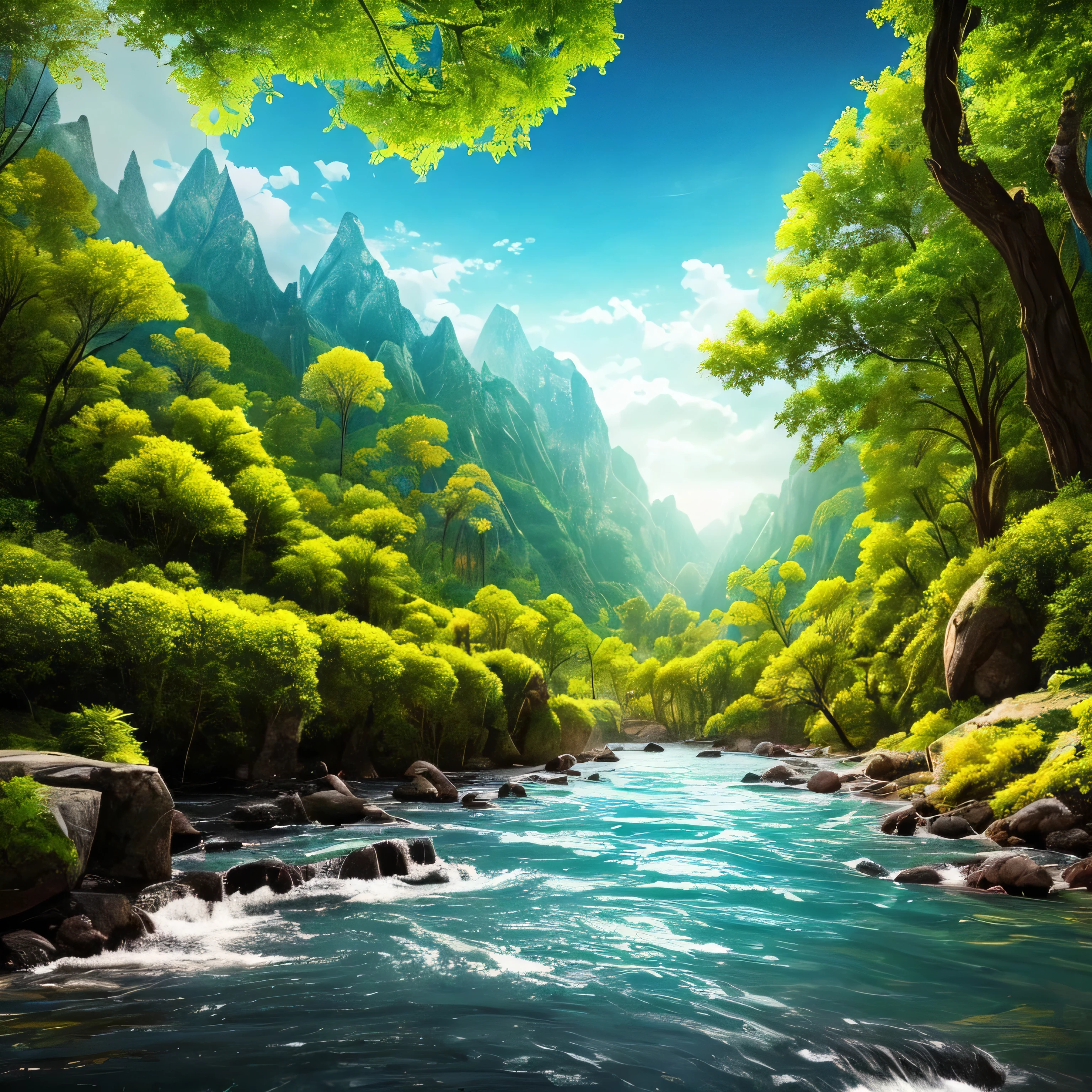 masterpiece, 最high quality, high quality, Very detailed CG unity 8k wallpaper, Vibrant colors、Colorful flowers、rain、rain、rain、an extremely colorful and pure fantasy environment, bright green grass landscape, colorful trees々々々, Shining Fruit, Bright blue flowers. The color of the river is deep blue, The air is filled with sweet exotic scents. The environment is dreamy, Award-winning photography, Bokeh, Written boundary depth, High resolution, bloom, chromatic aberration ,Realistic,Very detailed, Talked about at the art station, CGsociety Trend, Complex, Attention to detail, dramatic, art：The middle of a journey