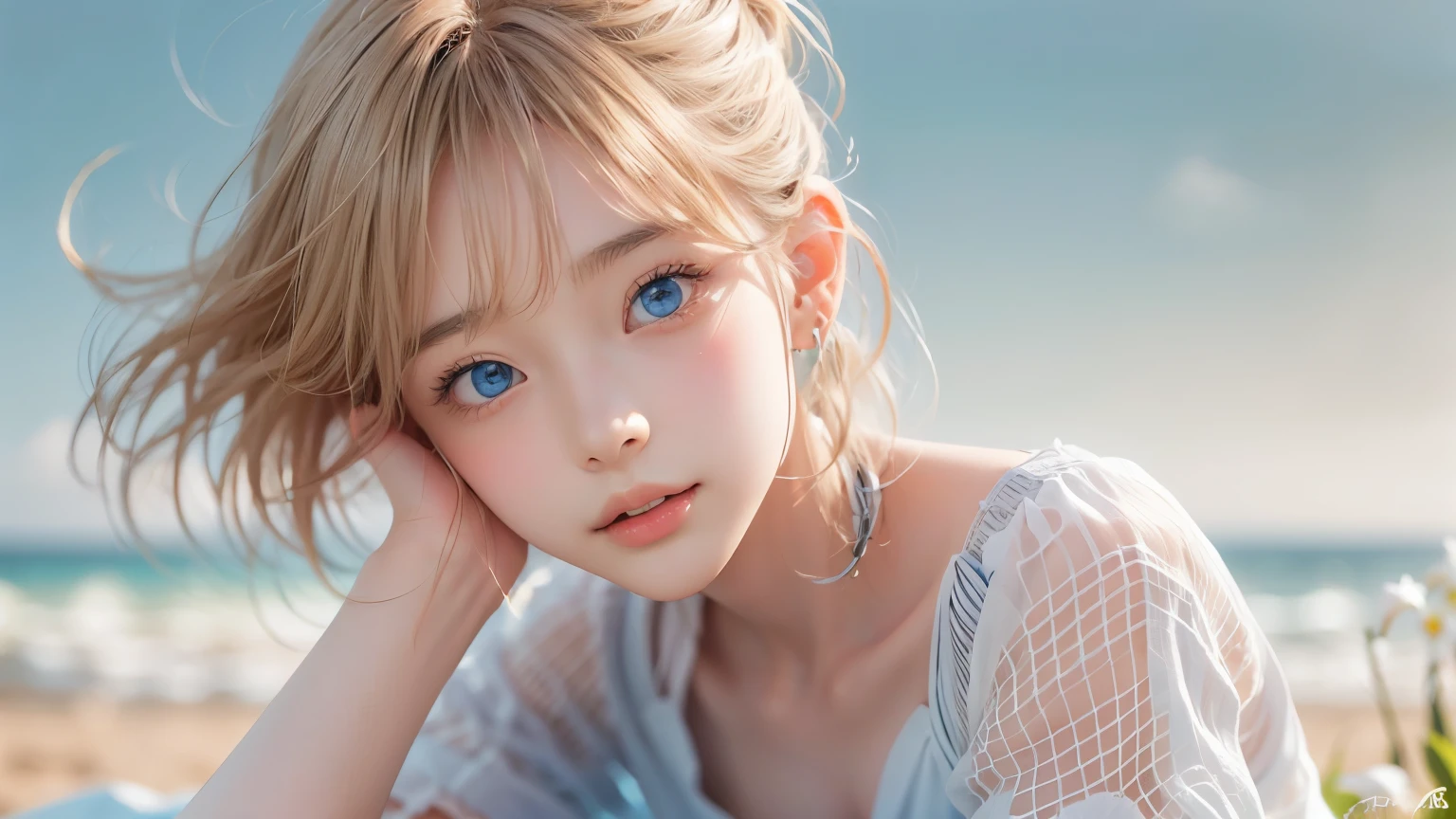 ((sfw: 1.4)), ((detailed face, professional photography)), ((sfw, extra short hair, sidelocks-hair, blond hair, Large, clear sky-blue eyes, earrings, 1 Girl)), Ultra High Resolution, (Realistic: 1.4), RAW Photo, Best Quality, (Photorealistic Stick), Focus, Soft Light, (()), (( (young face))), (surface), (depth of field), masterpiece, (realistic), woman, bangs, ((1 girl))