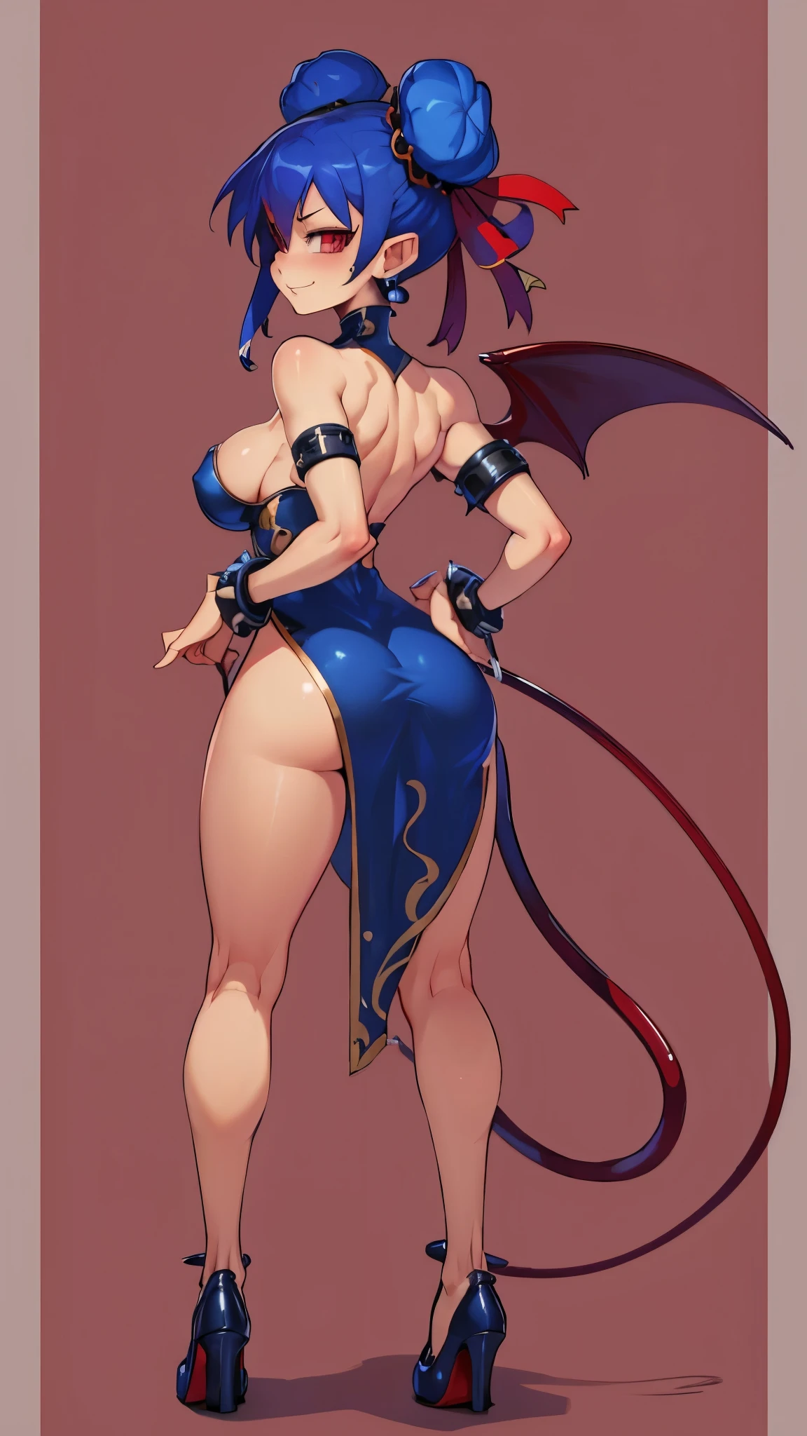 masterpiece, best quality, ultra-detailed, grey skin, full body, etna \(disgaea\), sf5 chun, adult, ass-focus, back, flat chest, blue hair, hair buns, china dress, high heel shoes, smug, smirk, abs, collar, strapless, belt, scorpion tail, blue hair,