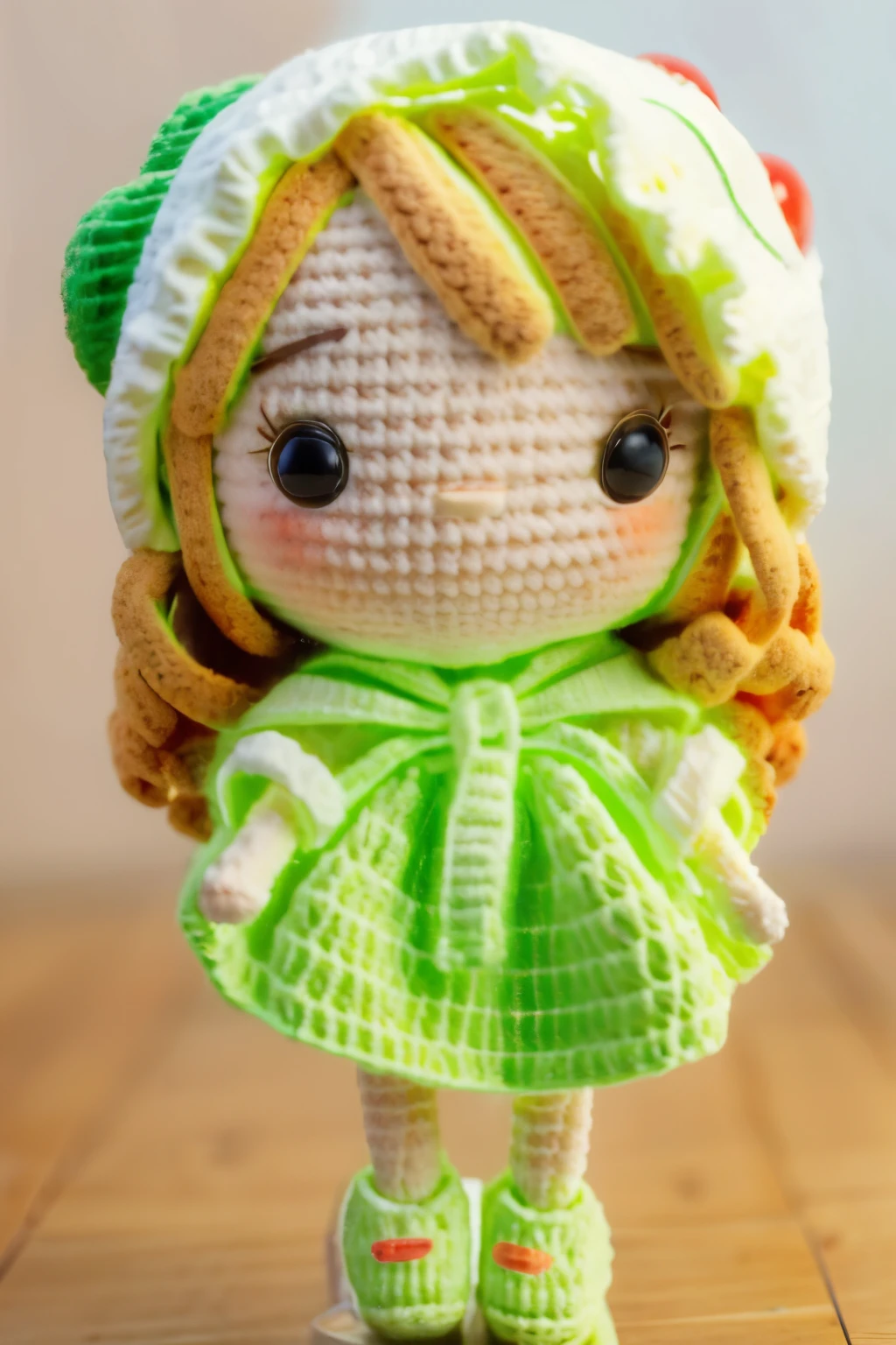 Photorealistic、Chibi Girl Doll(Apple-themed clothing、Have a magic wand、smile、Vibrant colors)