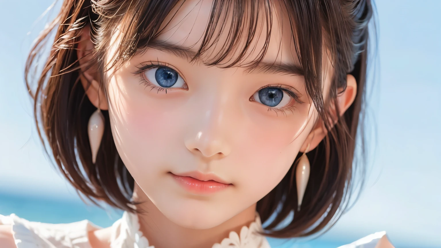 ((sfw: 1.4)), ((detailed face,  professional photography)), ((sfw, extra short hair, sidelocks-hair, (  blond hair), Large, clear sky-blue eyes, earrings, 1 Girl)), Ultra High Resolution, (Realistic: 1.4), RAW Photo, Best Quality, (Photorealistic Stick), Focus, Soft Light, ((15 years old)), (( (young face))), (surface), (depth of field), masterpiece, (realistic), woman, bangs, ((1 girl))