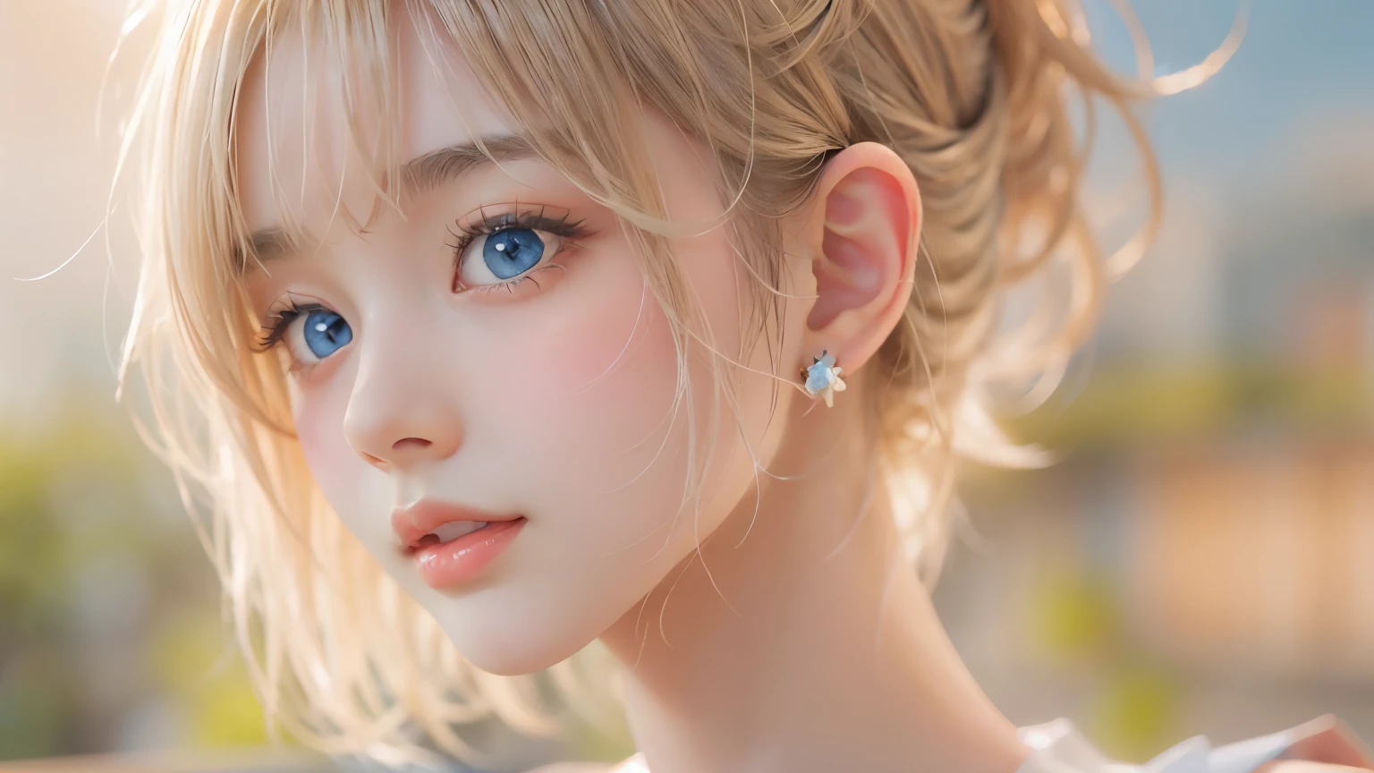 ((sfw: 1.4)), ((detailed face, professional photography)), ((sfw, extra short hair, sidelocks-hair, blond hair, Large, clear sky-blue eyes, earrings, 1 Girl)), Ultra High Resolution, (Realistic: 1.4), RAW Photo, Best Quality, (Photorealistic Stick), Focus, Soft Light, ((15 years old)), (( (young face))), (surface), (depth of field), masterpiece, (realistic), woman, bangs, ((1 girl))