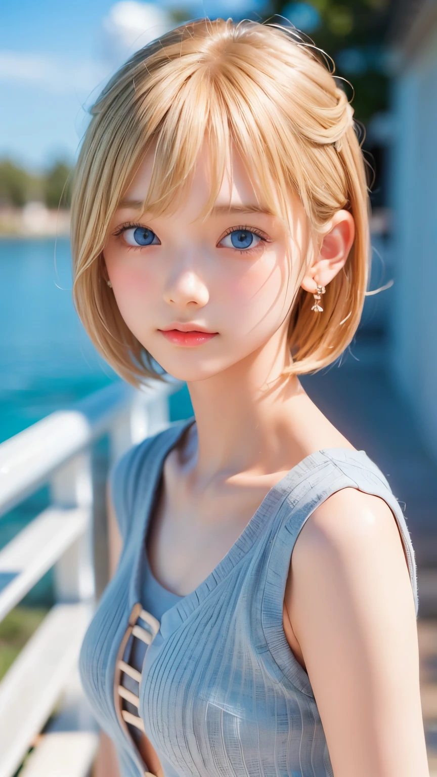 ((sfw: 1.4)), ((detailed face,  professional photography)), ((sfw, extra short hair, sidelocks-hair, (  blond hair), Large, clear sky-blue eyes, earrings, 1 Girl)), Ultra High Resolution, (Realistic: 1.4), RAW Photo, Best Quality, (Photorealistic Stick), Focus, Soft Light, ((15 years old)), (( (young face))), (surface), (depth of field), masterpiece, (realistic), woman, bangs, ((1 girl))