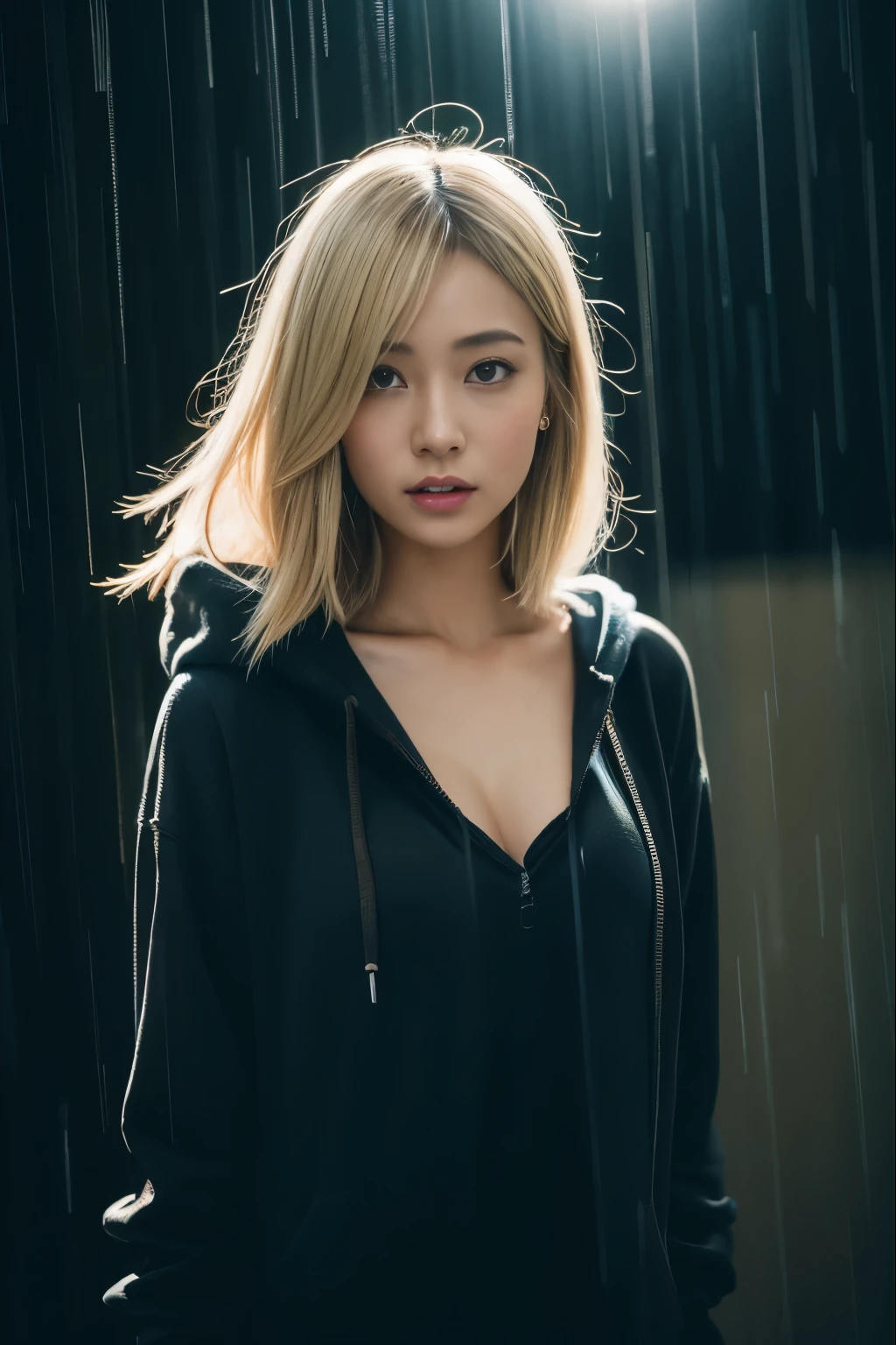 (masterpiece:1.2), ultra detailed, ultra high res, (realistic, photo realistic:1.37), high detail RAW color photo, professional photograph, an extremely delicate and beautiful, extremely detailed, finely detail, huge file size, extremely detailed beautiful girl, extremely detailed face, extremely detailed eyes, extremely detailed skin, extremely detailed nose, extremely detailed mouth, perfect anatomy, highly detailed background, shiny skin, (Japanese famous actress:1.2), (gyaru:1.25), flat chest, (brown race, dark skin, blond hair:1.55), very shortcut hair, (hoodie:1.2), hood up, (heavy rain:1.4), wet hair, wet skin, water drops, (full body:1.3), cinematic lighting, (dynamic pose:1.35), (shibuya:1.3)