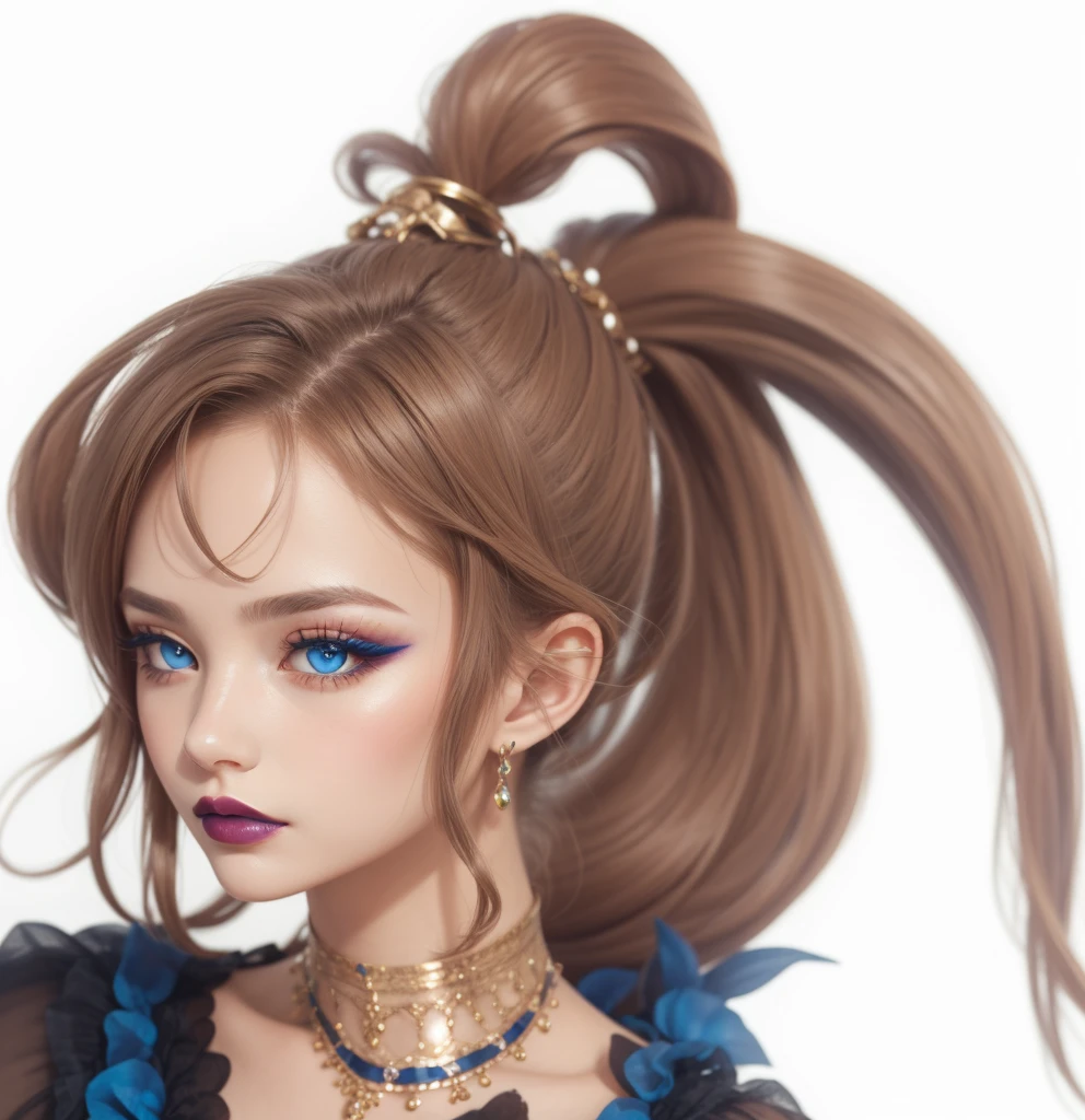 jewelry, blue eyes, brown hair, ponytail, masterpiece, high quality, black dress, blue makeup, lipstick, forehead