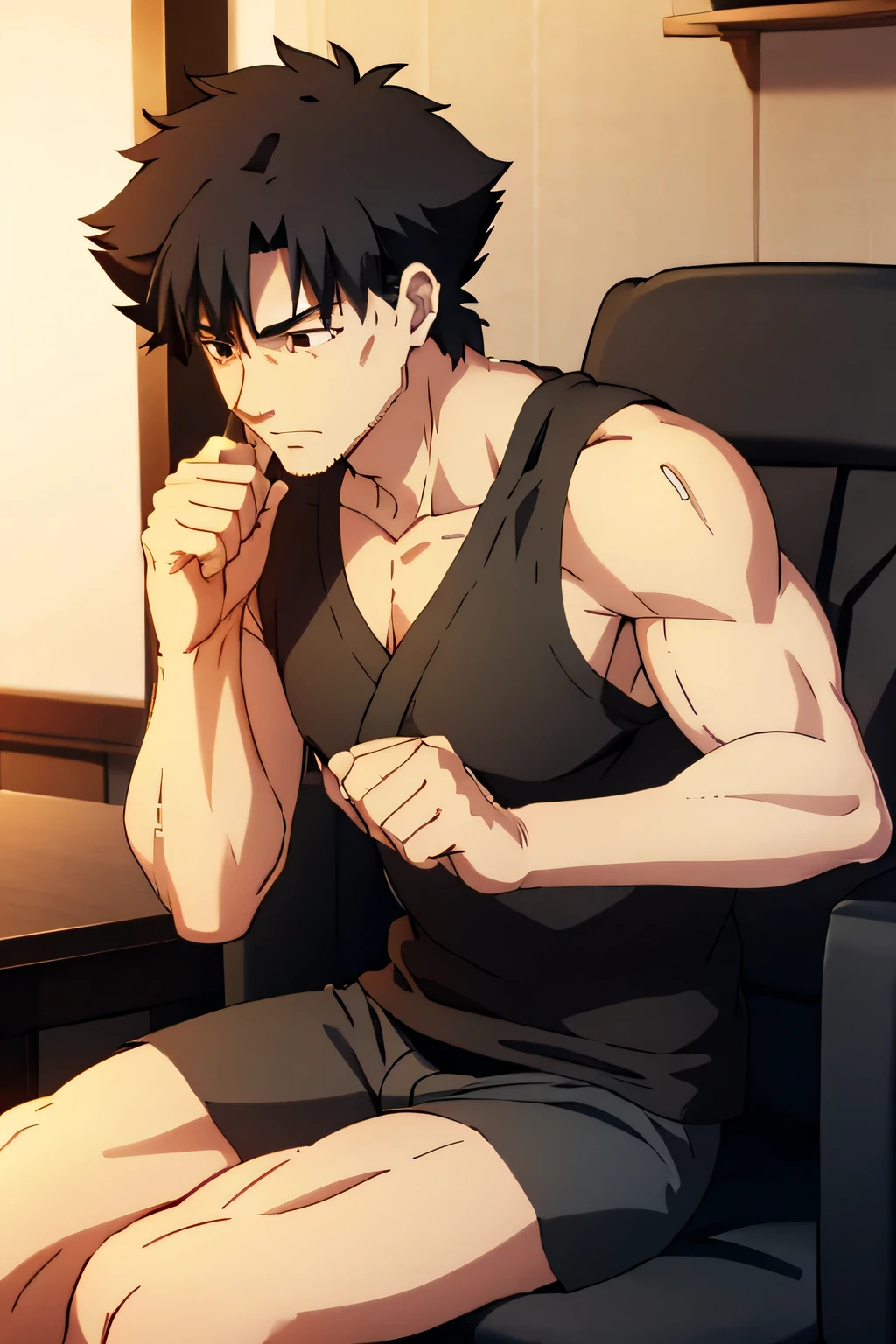 Kiritsugu is sitting in a black tanktop and black boxershorts. He is flexing his biceps and legs.