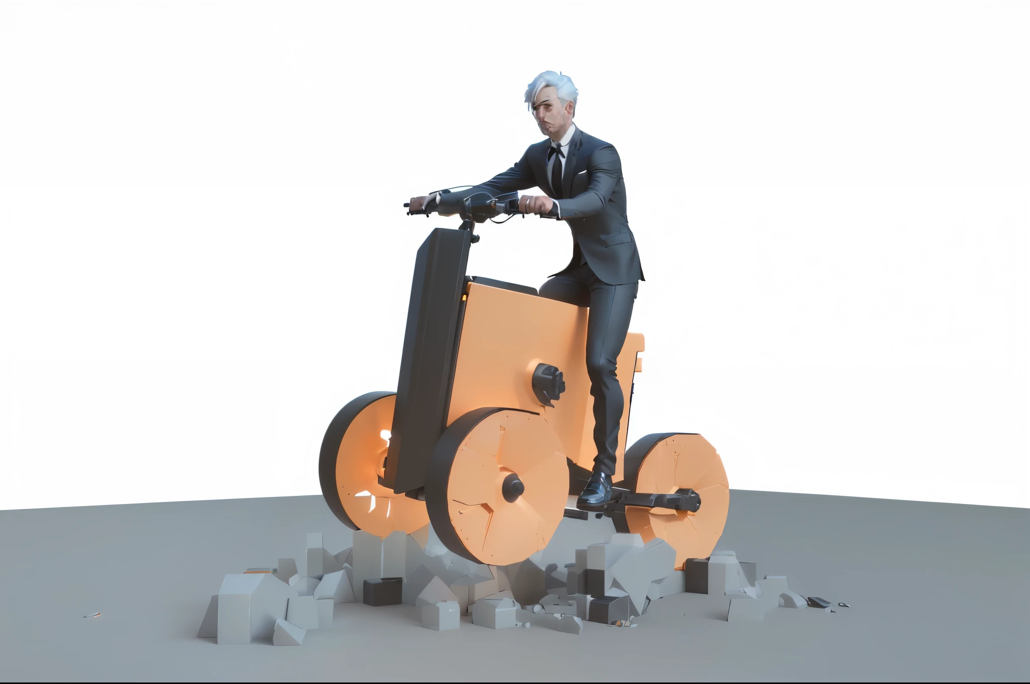 A handsome man in a suit riding a toy truck on the ground, Cycles render, cycles4dレンダリング, Cycle 3D Rendering, Cycles render, Octane Rendering aesthetic, (Octane Rendering, Orange subsurface scattering, 3D Octane Cycle Unreal Engine 5, 3d octane cycle unreal engine 5, rendered in arnold engine, ( Octane Rendering ), Rendered in octane