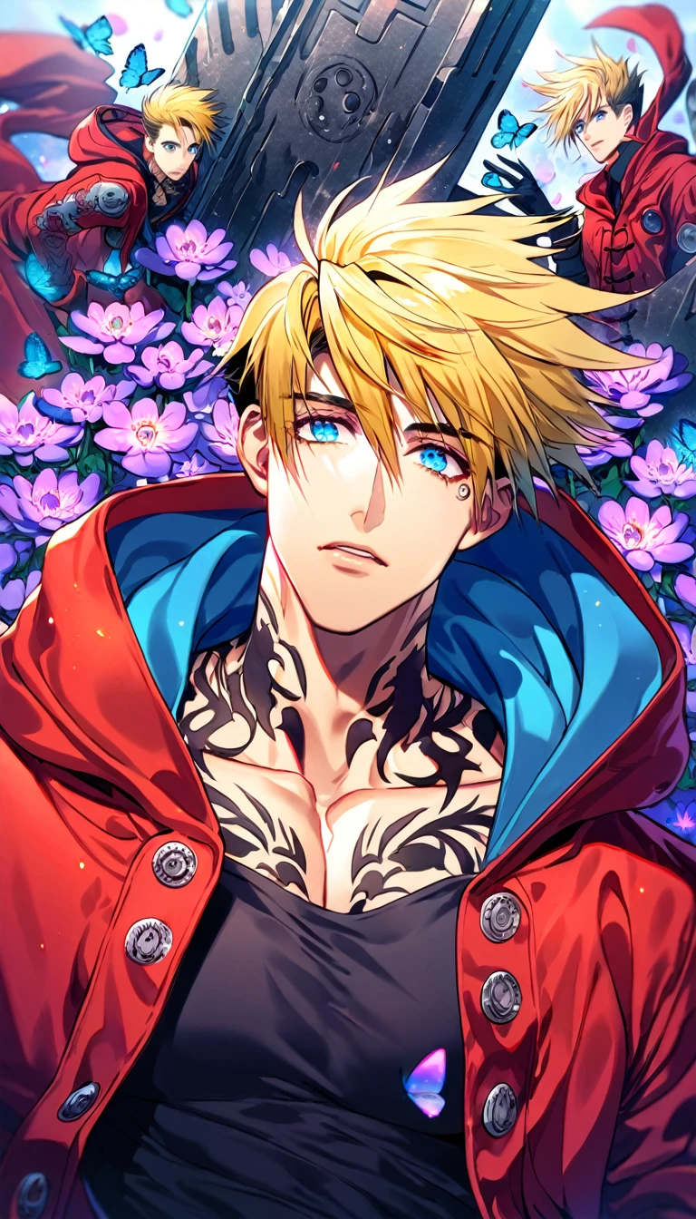 Ultra detailed, HDR, Highres, absurdres, master piece, Vash Stampede, blond hair, expressive blue eyes, Trigun, purple glittering butterflies, petals, fantasy, purple flowers, sexy man, solo, extremely detailed face and eyes, handsome, glittering, toned chest, black shirt with patterns, red long coat with a hoodie, tattoo on his neck, mole under his eye, black gloves
