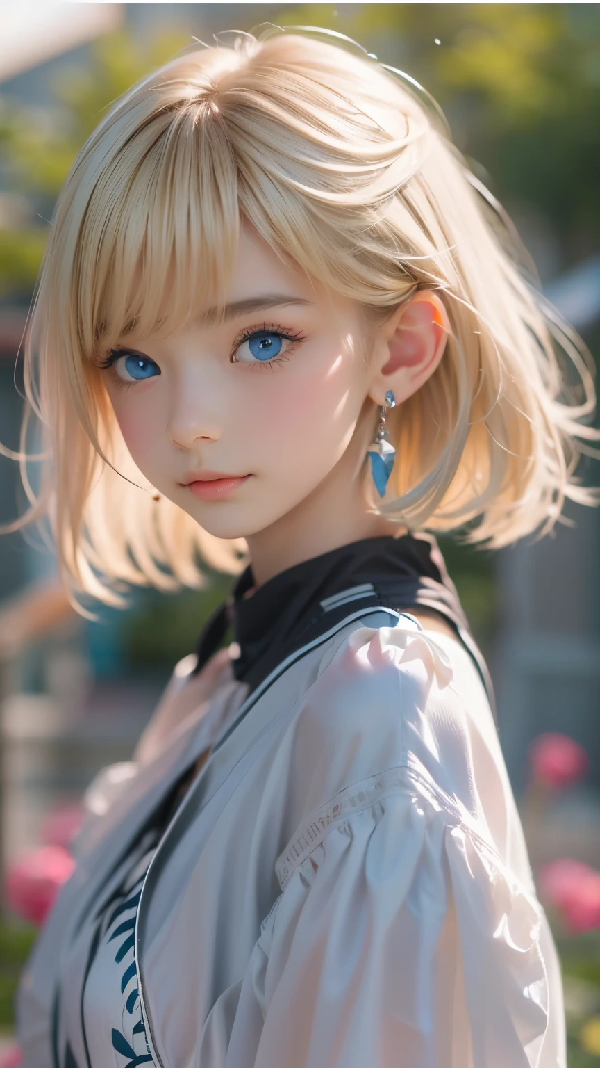 ((sfw: 1.4)), ((detailed face, professional photography)), ((sfw, extra short hair, sidelocks-hair, blond hair, Large, clear sky-blue eyes, earrings, 1 Girl)), Ultra High Resolution, (Realistic: 1.4), RAW Photo, Best Quality, (Photorealistic Stick), Focus, Soft Light, (()), (( (young face))), (surface), (depth of field), masterpiece, (realistic), woman, bangs, ((1 girl))