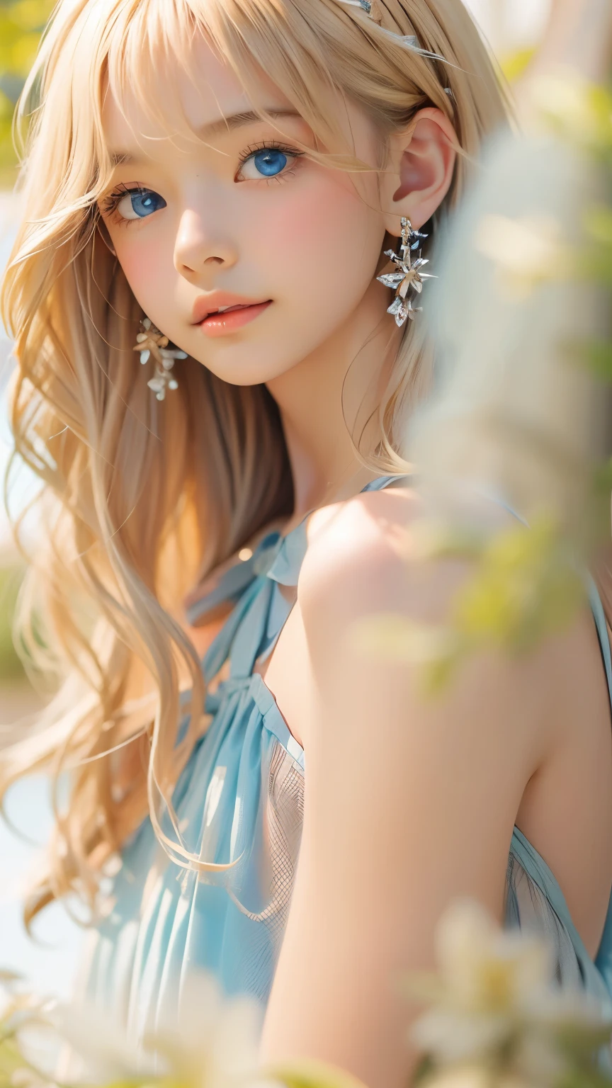 ((sfw: 1.4)), ((detailed face, professional photography)), ((sfw, extra short hair, sidelocks-hair, blond hair, Large, clear sky-blue eyes, earrings, 1 Girl)), Ultra High Resolution, (Realistic: 1.4), RAW Photo, Best Quality, (Photorealistic Stick), Focus, Soft Light, ((15 years old)), (( (young face))), (surface), (depth of field), masterpiece, (realistic), woman, bangs, ((1 girl))