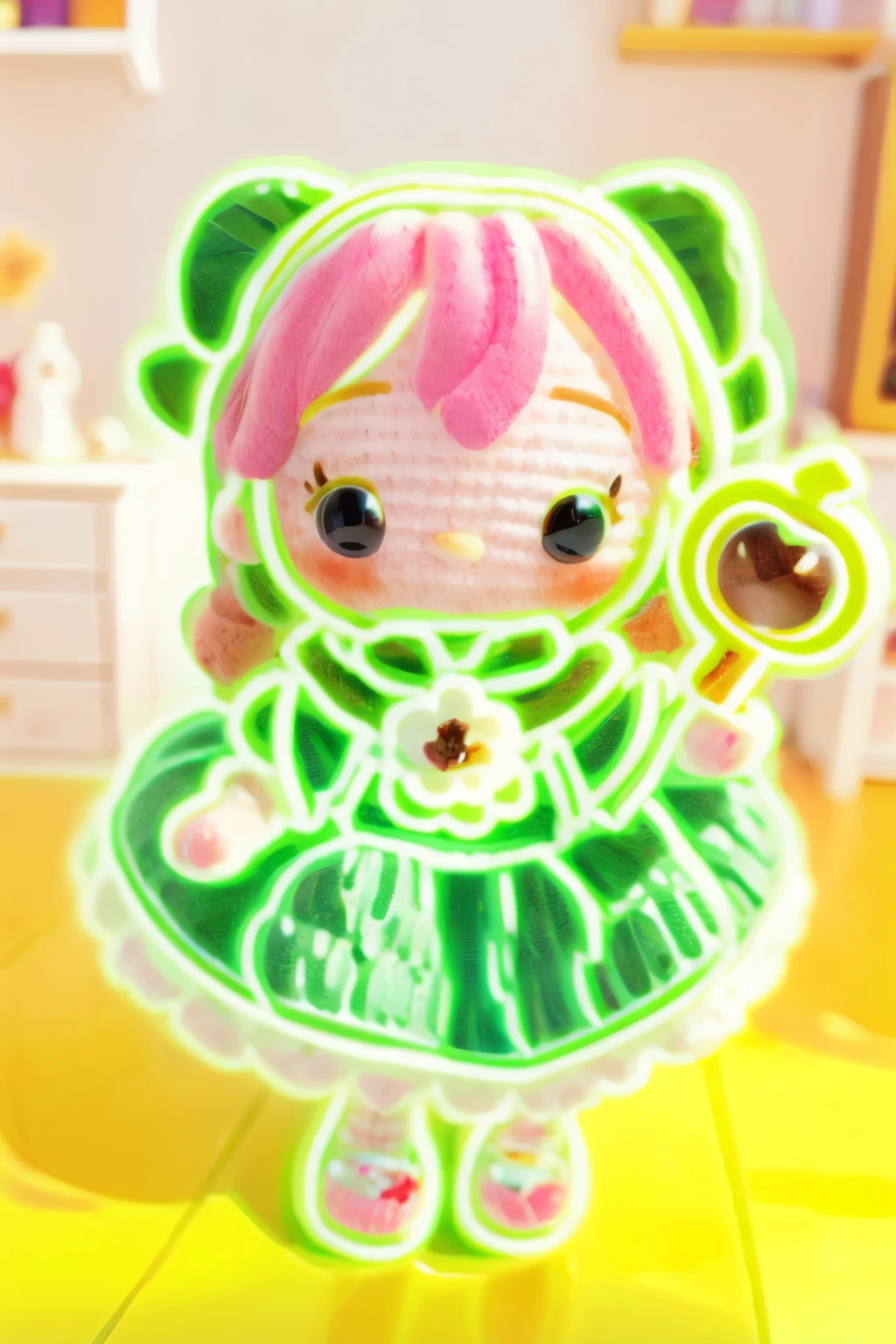 Photorealistic、Chibi Girl Doll(Apple-themed clothing、Have a magic wand、smile、Vibrant colors)