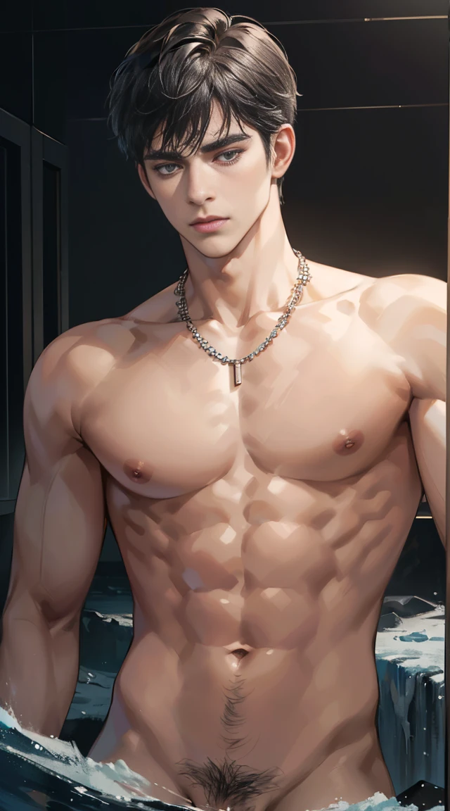 (best quality, masterpiece, 8 thousand, realistic, cinematic lighting, 1:4 HDR images, very detailed, beautiful photoature man, very handsome, ((cold expression)), black short hair, black eye, A perfect face without any mistakes, handsome , shirtless, muscular and slim, ((exposed vagina)), with necklace, naked