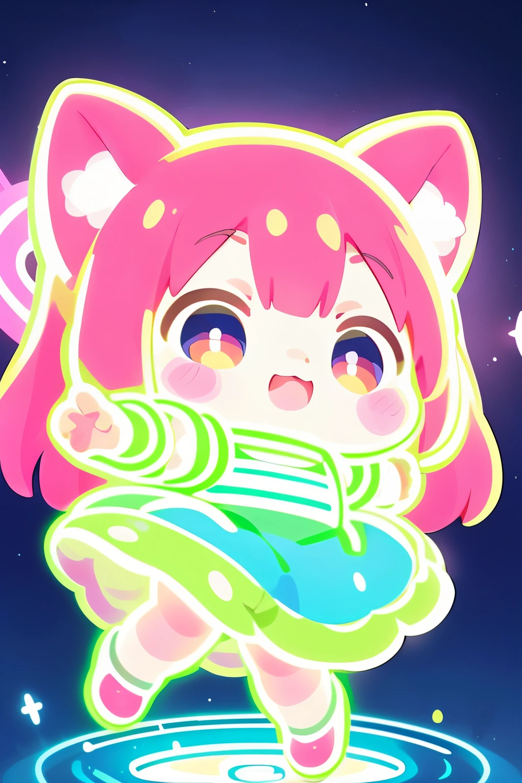 Photorealistic、whole body、Chibi Musume、smile、Cute Shoes、Neon light clothes、Floating in mid-air、Chibi Musumeの周りが球状に柔らかい光を放っている
