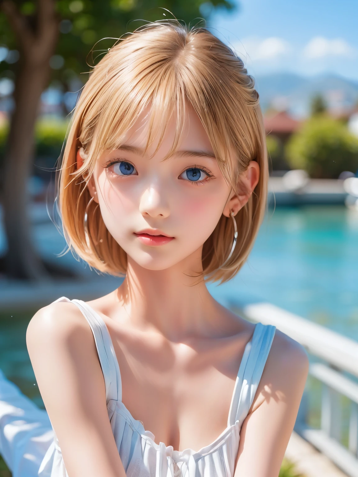 ((sfw: 1.4)), ((detailed face,  professional photography)), ((sfw, extra short hair, sidelocks-hair, (  blond hair), Large, clear sky-blue eyes, earrings, 1 Girl)), Ultra High Resolution, (Realistic: 1.4), RAW Photo, Best Quality, (Photorealistic Stick), Focus, Soft Light, ((15 years old)), (( (young face))), (surface), (depth of field), masterpiece, (realistic), woman, bangs, ((1 girl))