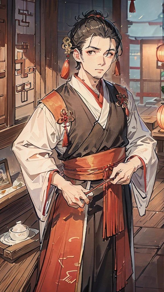 38. (1 person) ((((1boy))),(((aboy))).(((red coat))),((Black Hanfu youth)),((white clothes)) , (((Black hair))), kingly air, gorgeous, handsome, outstanding temperamen, looks proud and speaks) (background: in the ale house ancient China).