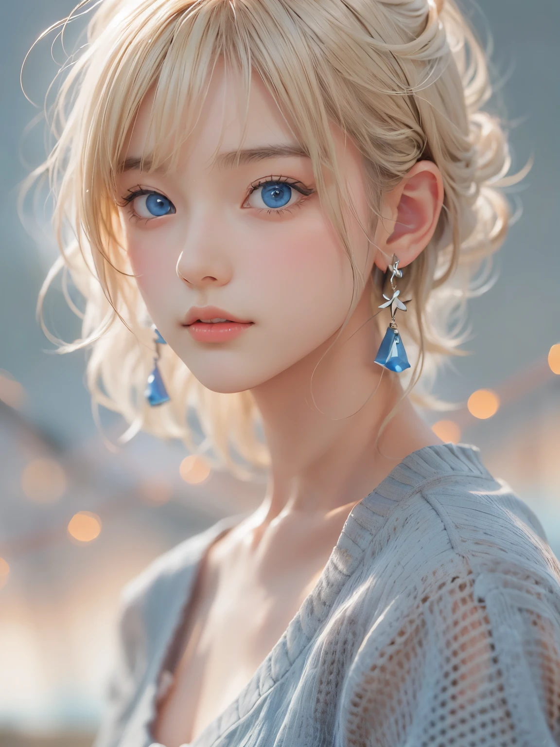 ((sfw: 1.4)), ((detailed face, professional photography)), ((sfw, extra short hair, sidelocks-hair, blond hair, Large, clear sky-blue eyes, earrings, 1 Girl)), Ultra High Resolution, (Realistic: 1.4), RAW Photo, Best Quality, (Photorealistic Stick), Focus, Soft Light, ((15 years old)), (( (young face))), (surface), (depth of field), masterpiece, (realistic), woman, bangs, ((1 girl))