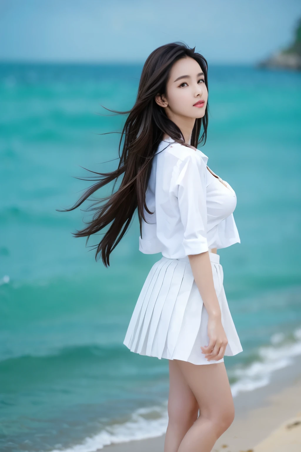 Beautiful woman with perfect body：1.4，Layered Hairstyle，Prominent cleavage，Highly detailed face and skin textures，Double eyelids，Skin Whitening，Long hair，Whitened long legs，（White shirt，Pleated Skirt）Standing by the sea