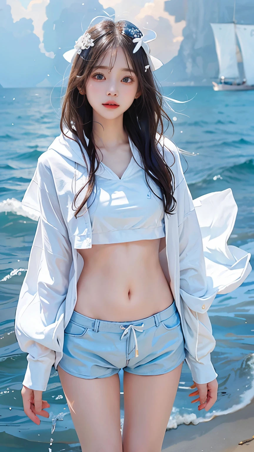 In the clear blue sea、Wearing a white hoodie fluttering in the wind、A woman wearing shorts、standing on the waves。Her hair is long、Shine white、Swaying in the waves。belly button。