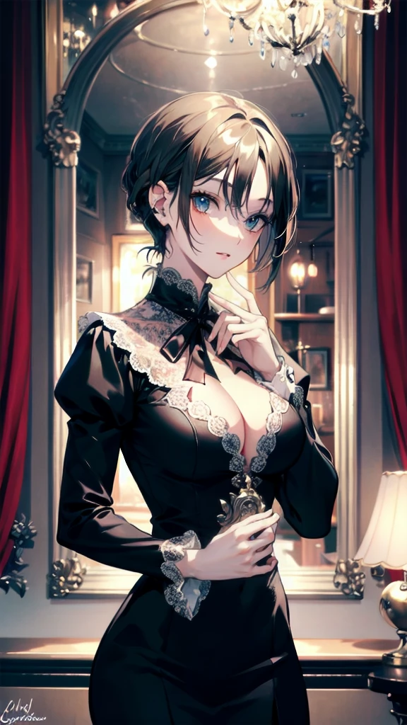 a beautiful young maid in a victorian style maid outfit, detailed face with large eyes, delicate features, porcelain skin, long hair, holding a feather duster, detailed interior of an old manor, high ceilings, ornate furniture, chandelier, warm lighting, photorealistic, cinematic lighting, intricate details, classical painting style