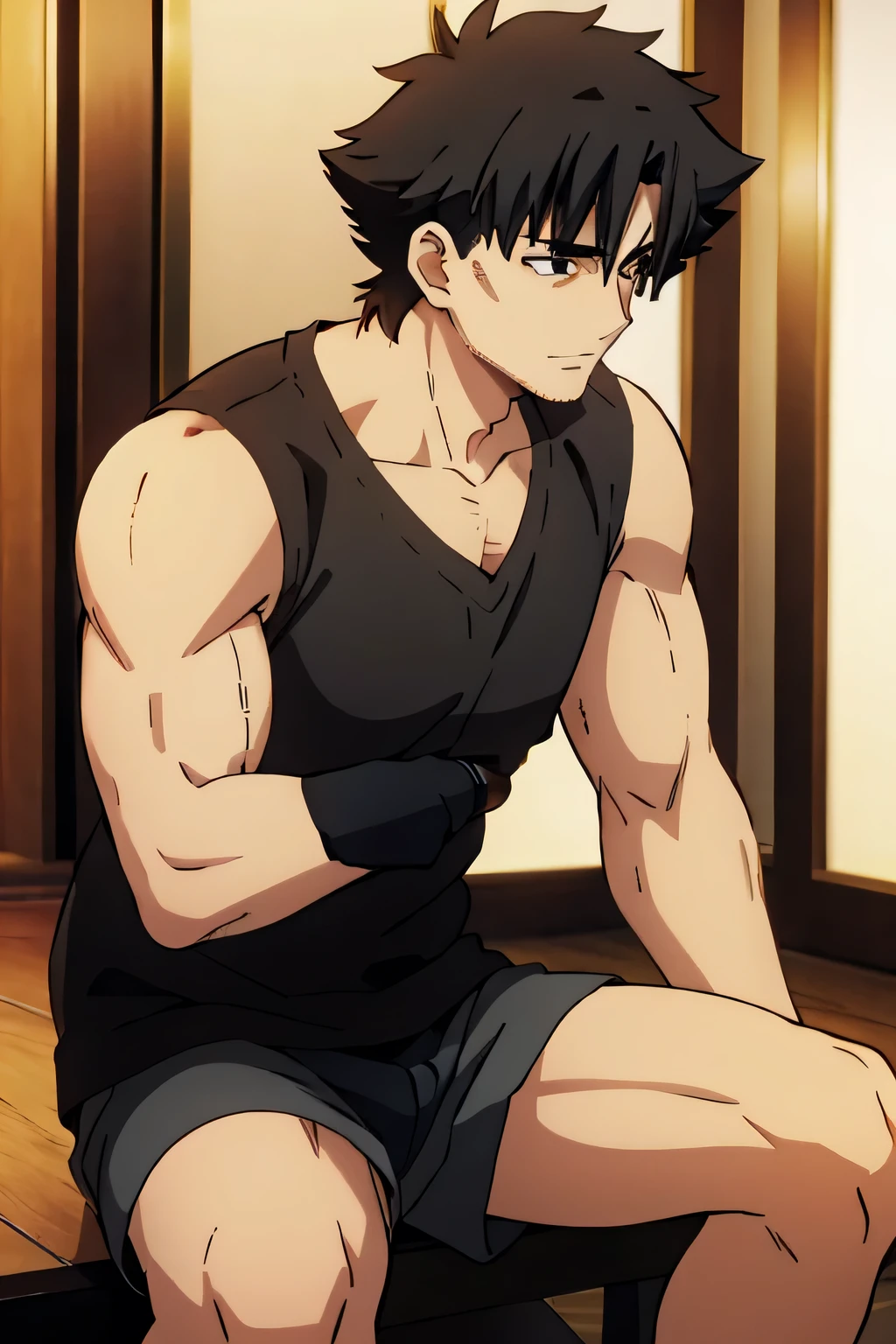 Kiritsugu is sitting and flexing his biceps. He is wearing a black tshirt with short sleeves. The right sleeve is completely rolled up, so you can see his entire arm. He wears black short boxershorts. You can see his thighs completely. He has a huge bulge. He is admiring his arms by touching them. His arms are full of visible huge veins.