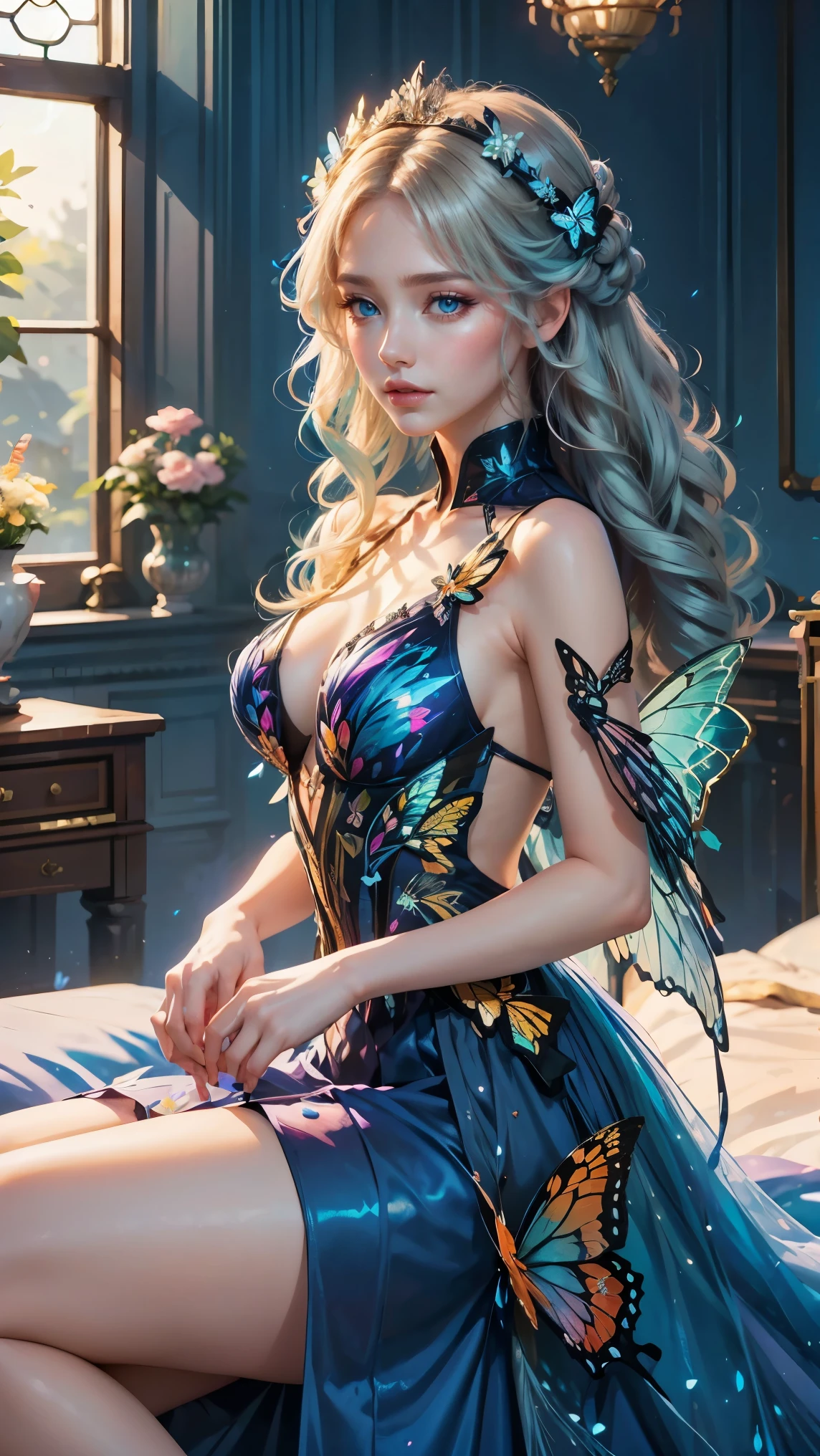 Best quality, masterpiece, ultra high res, raw photo, beautiful and aesthetic, deep shadow, fairy theme,(ultra detailed:1.3),
1girl, sexy pose, flower headdress, drill hair, long hair, blonde hair, gradient hair, yellow eyes, solo, huge breasts, big hair, blue hair, divine goddess, looking at viewer, indoors, queen bedroom, empress bed, room full of curtain, astraea, full body, midnight, glowing light, neon light, butterfly dress, transparant dress, butterfly wings
