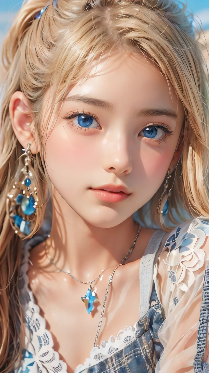 ((sfw: 1.4)), ((detailed face, professional photography)), ((sfw, ( blond hair), Large, clear sky-blue eyes, earrings, 1 Girl)), Ultra High Resolution, (Realistic: 1.4), RAW Photo, Best Quality, (Photorealistic Stick), Focus, Soft Light, (()), (( (young face))), (surface), (depth of field), masterpiece, (realistic), woman, bangs, ((1 girl))