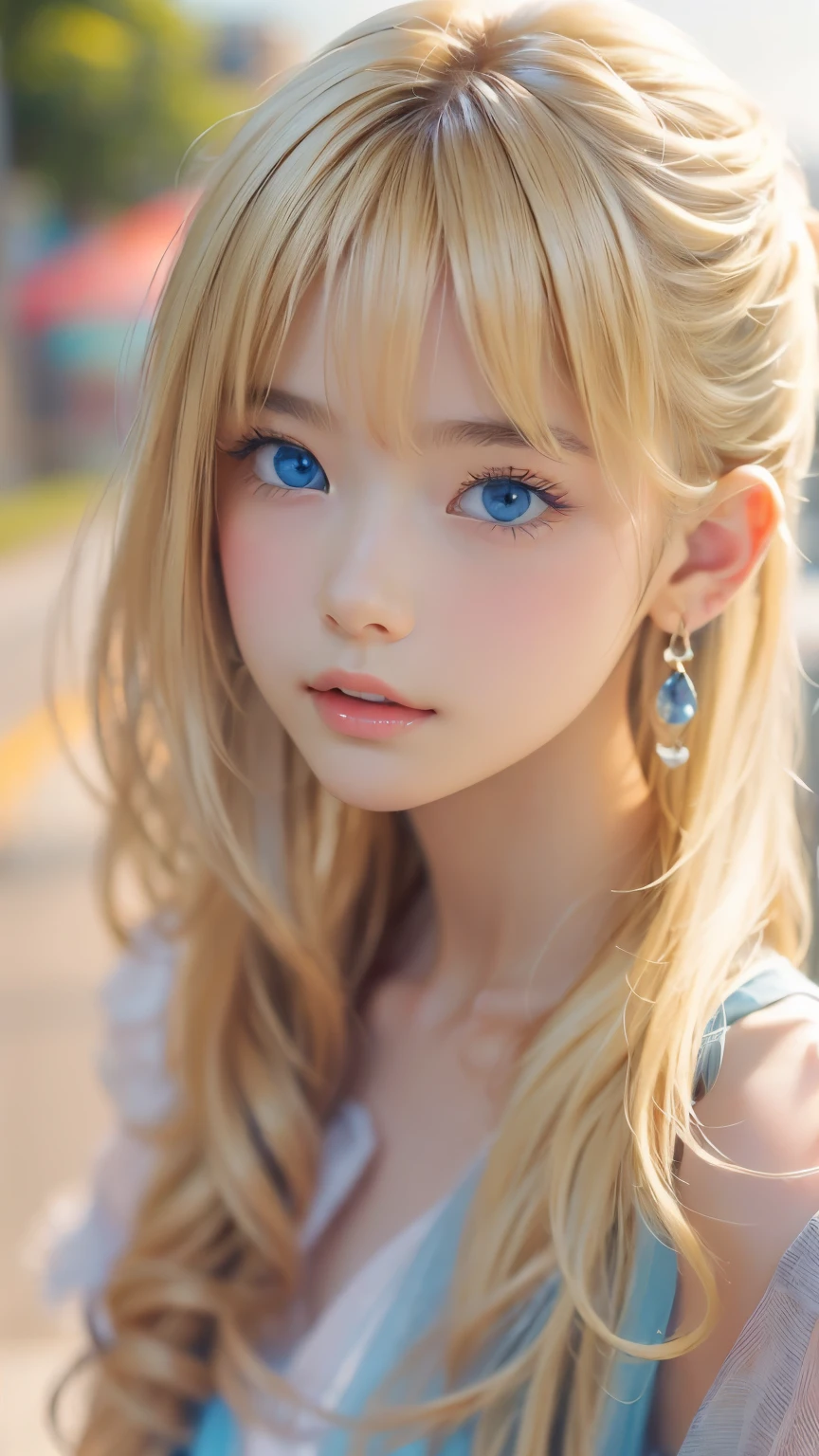 ((sfw: 1.4)), ((detailed face, professional photography)), ((sfw, ( blond hair), Large, clear sky-blue eyes, earrings, 1 Girl)), Ultra High Resolution, (Realistic: 1.4), RAW Photo, Best Quality, (Photorealistic Stick), Focus, Soft Light, (()), (( (young face))), (surface), (depth of field), masterpiece, (realistic), woman, bangs, ((1 girl))