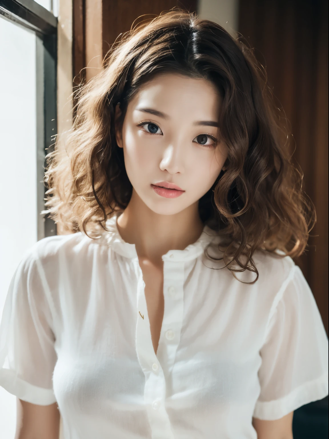 top-quality、masterpiece、hight resolution、1girl in、solo、Raw photo、Real person、Detailed skin、japanes、brawn hair、thin bunches of bangedium Hair、Curly hair、Floating hair、fullllbody,cropped shirt、White Room、catchlight