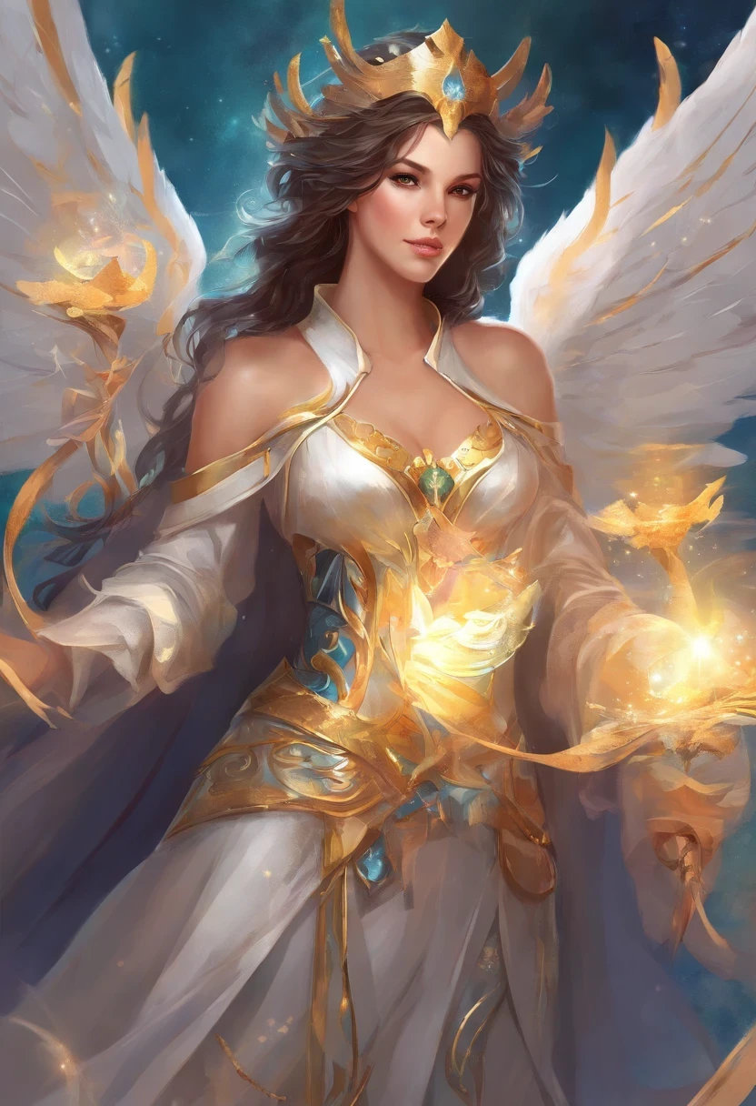 (Kate Beckinsale, (22 anos), de corpo inteiro), de vestido azul, usando uma coroa e segurando uma espada, um anjo majestoso de corpo inteiro, um lindo mago celestial, inspirado em Lan Ying, uma fada de corpo inteiro, Mu Yanling, a rainha do mar, the mysterious Valkyrie Atlantis, Hirase Jinyao, inspirado em Ju Lian, modelo IG |Artgerm, like a mysterious Valkyrie