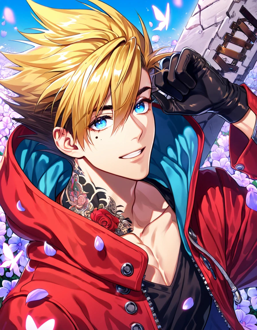 Ultra detailed, HDR, Highres, absurdres, master piece, Vash Stampede, blond hair, expressive blue eyes, Trigun, purple glittering butterflies, petals, fantasy, purple flowers, sexy man, solo, extremely detailed face and eyes, handsome, glittering, toned chest, black shirt with patterns, red long coat with a hoodie, tattoo on his neck, mole under his eye, black gloves