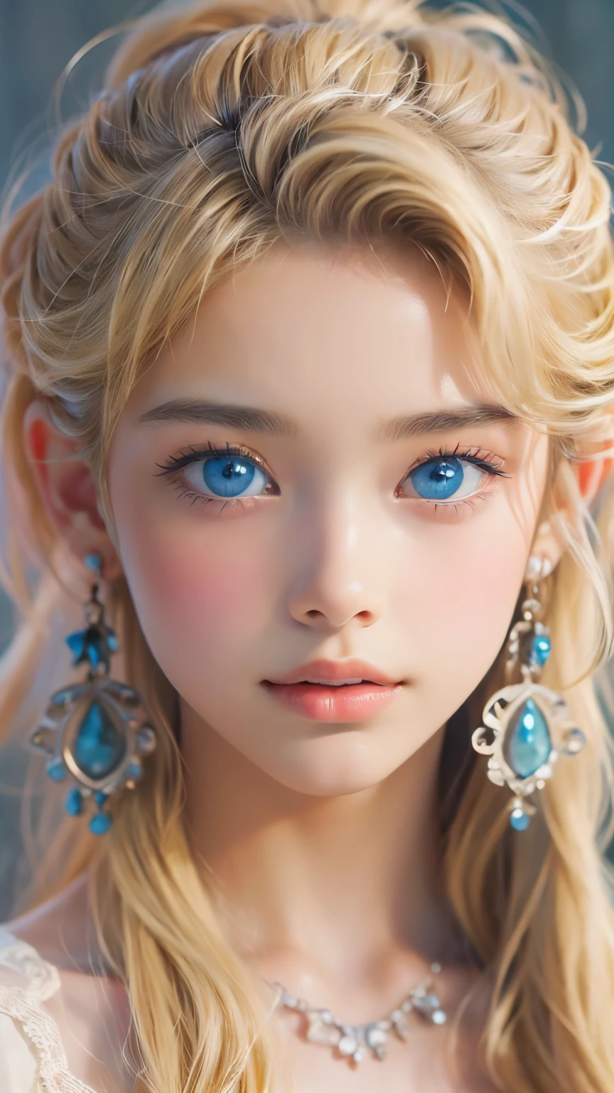 ((sfw: 1.4)), ((detailed face,  professional photography)), ((sfw, ( blond hair), Large, clear sky-blue eyes, earrings, 1 Girl)), Ultra High Resolution, (Realistic: 1.4), RAW Photo, Best Quality, (Photorealistic Stick), Focus, Soft Light, (()), (( (young face))), (surface), (depth of field), masterpiece, (realistic), woman, bangs, ((1 girl))