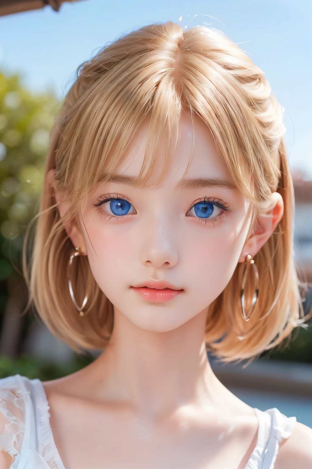 ((sfw: 1.4)), ((detailed face, professional photography)), ((sfw, ( blond hair), Large, clear sky-blue eyes, earrings, 1 Girl)), Ultra High Resolution, (Realistic: 1.4), RAW Photo, Best Quality, (Photorealistic Stick), Focus, Soft Light, ((15 years old)), (( (young face))), (surface), (depth of field), masterpiece, (realistic), woman, bangs, ((1 girl))