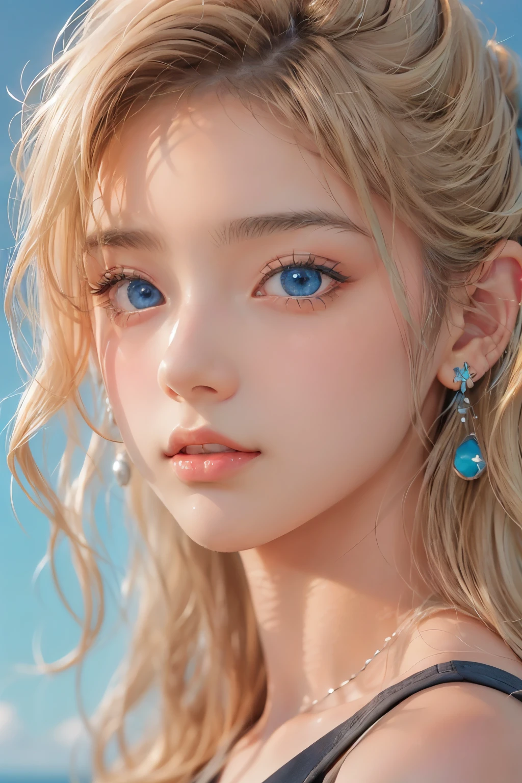 ((sfw: 1.4)), ((detailed face,  professional photography)), ((sfw, ( blond hair), Large, clear sky-blue eyes, earrings, 1 Girl)), Ultra High Resolution, (Realistic: 1.4), RAW Photo, Best Quality, (Photorealistic Stick), Focus, Soft Light, ((15 years old)), (( (young face))), (surface), (depth of field), masterpiece, (realistic), woman, bangs, ((1 girl))