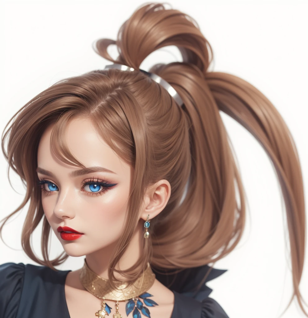 jewelry, blue eyes, brown hair, ponytail, masterpiece, high quality, black dress, blue eyeshadow, red lipstick, forehead